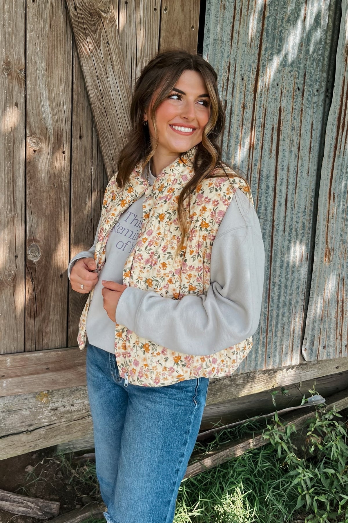 Women&#39;s Floral Baby Corduroy Puffer Vest | Cream Yellow - Women&#39;s Jacket - Blooming Daily