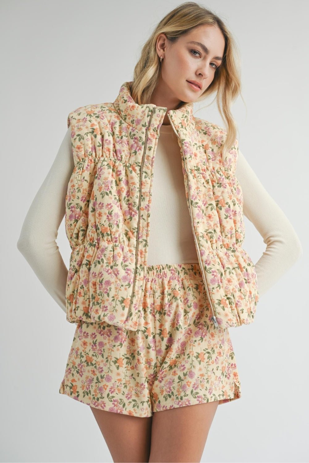 Women's Floral Baby Corduroy Shorts with Pockets | Cream Yellow - Women's Shorts - Blooming Daily