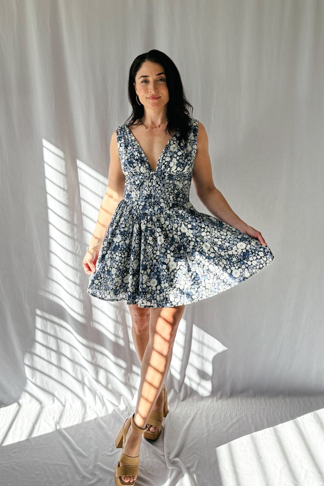 Women's Floral Corset Fit Flare Mini Dress with Pockets | Blue - Blooming Daily Women's Floral Corset Fit Flare Mini Dress with Pockets | Blue - Blooming Daily