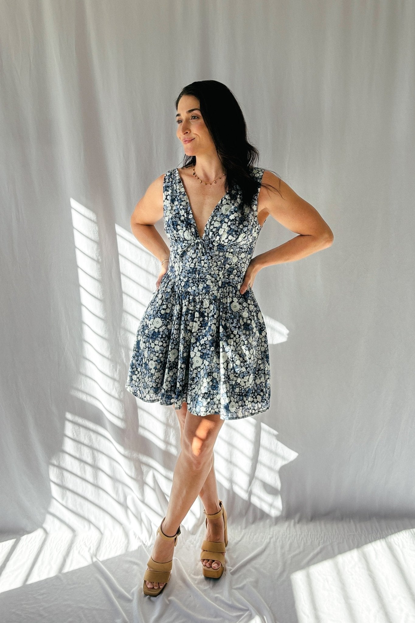 Women's Floral Corset Fit Flare Mini Dress with Pockets | Blue - Blooming Daily Women's Floral Corset Fit Flare Mini Dress with Pockets | Blue - Blooming Daily