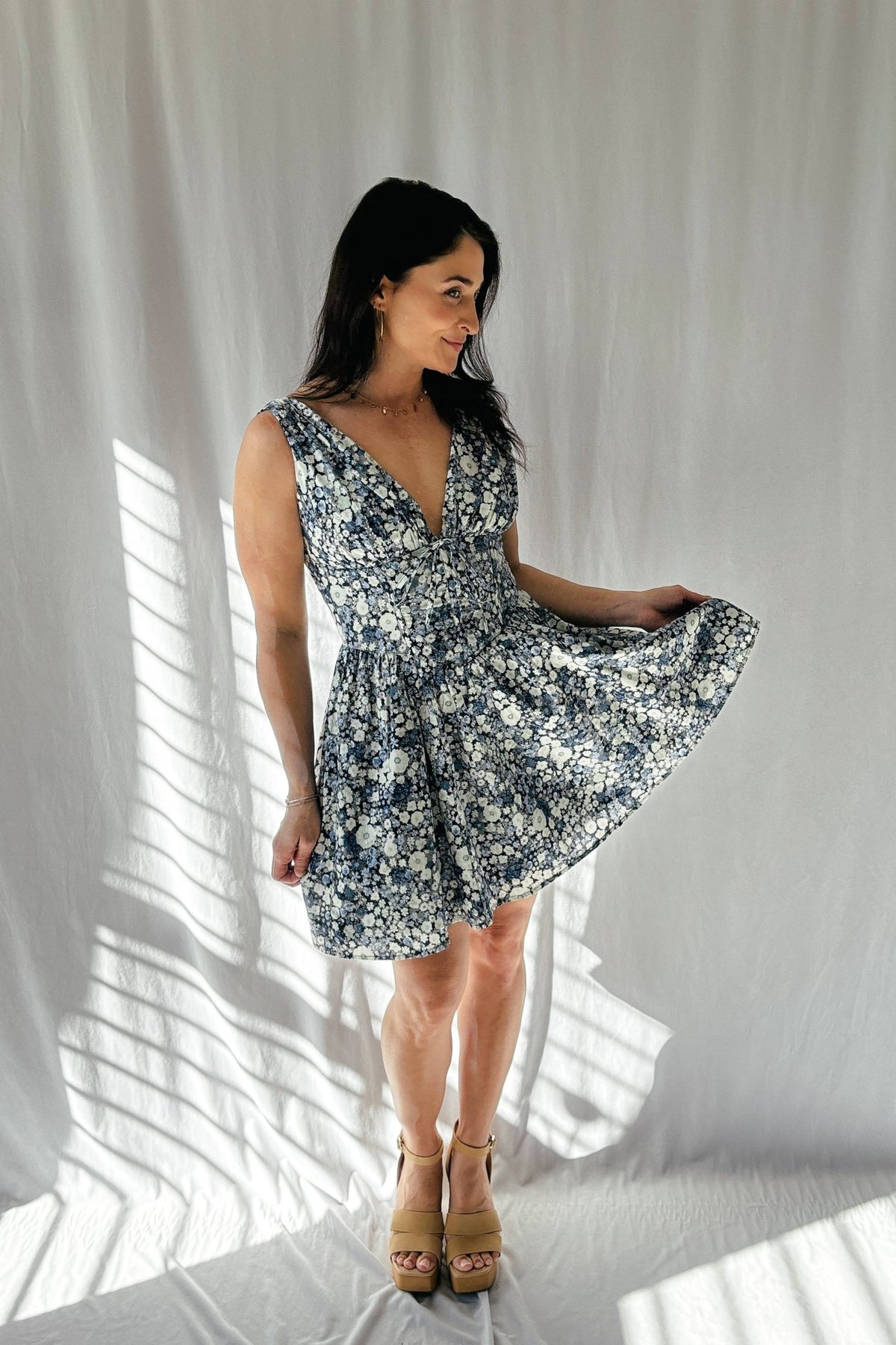 Women's Floral Corset Fit Flare Mini Dress with Pockets | Blue - Blooming Daily Women's Floral Corset Fit Flare Mini Dress with Pockets | Blue - Blooming Daily