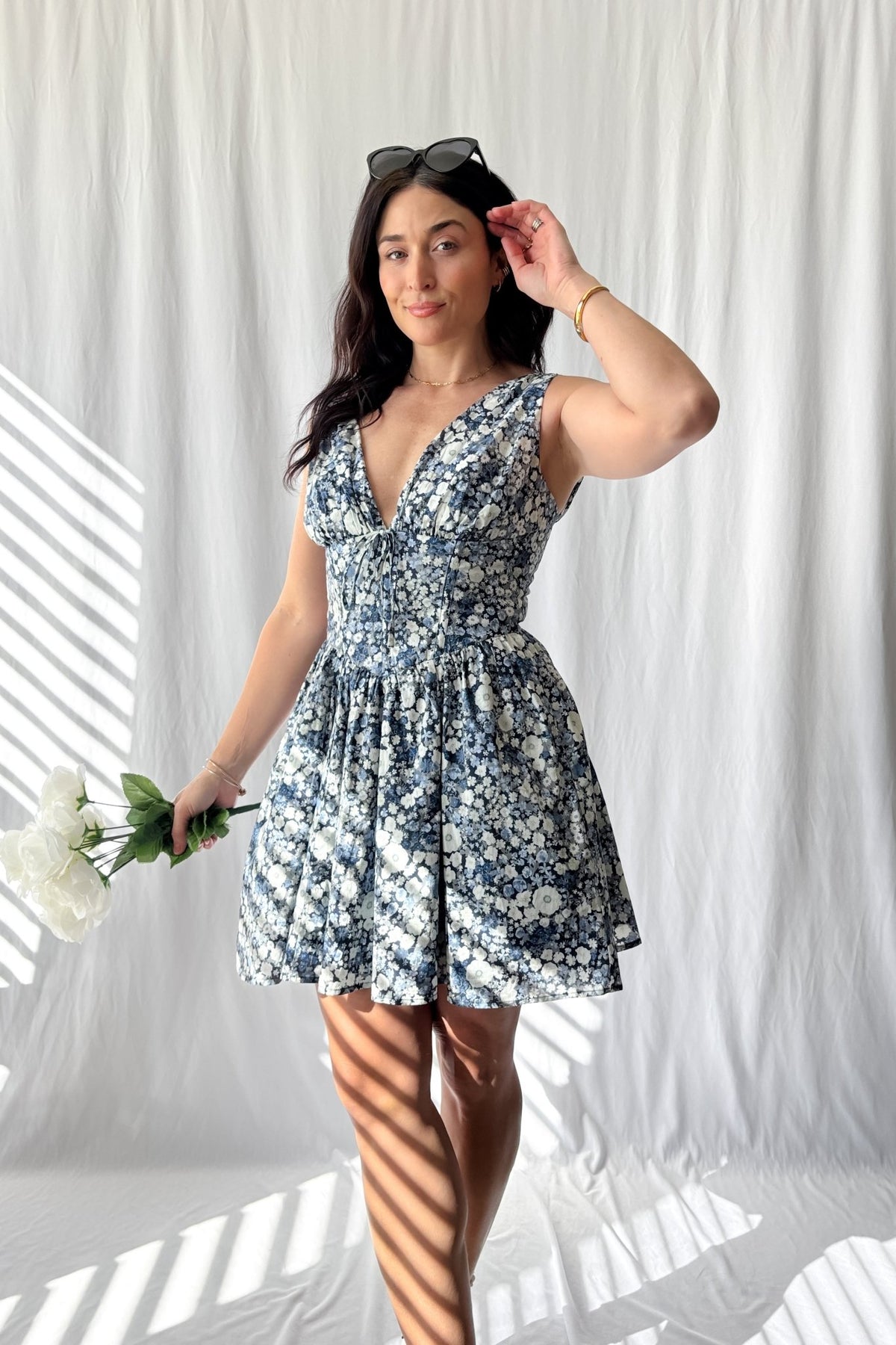 Women&#39;s Floral Corset Fit Flare Mini Dress with Pockets | Blue - Women&#39;s Dresses - Blooming Daily