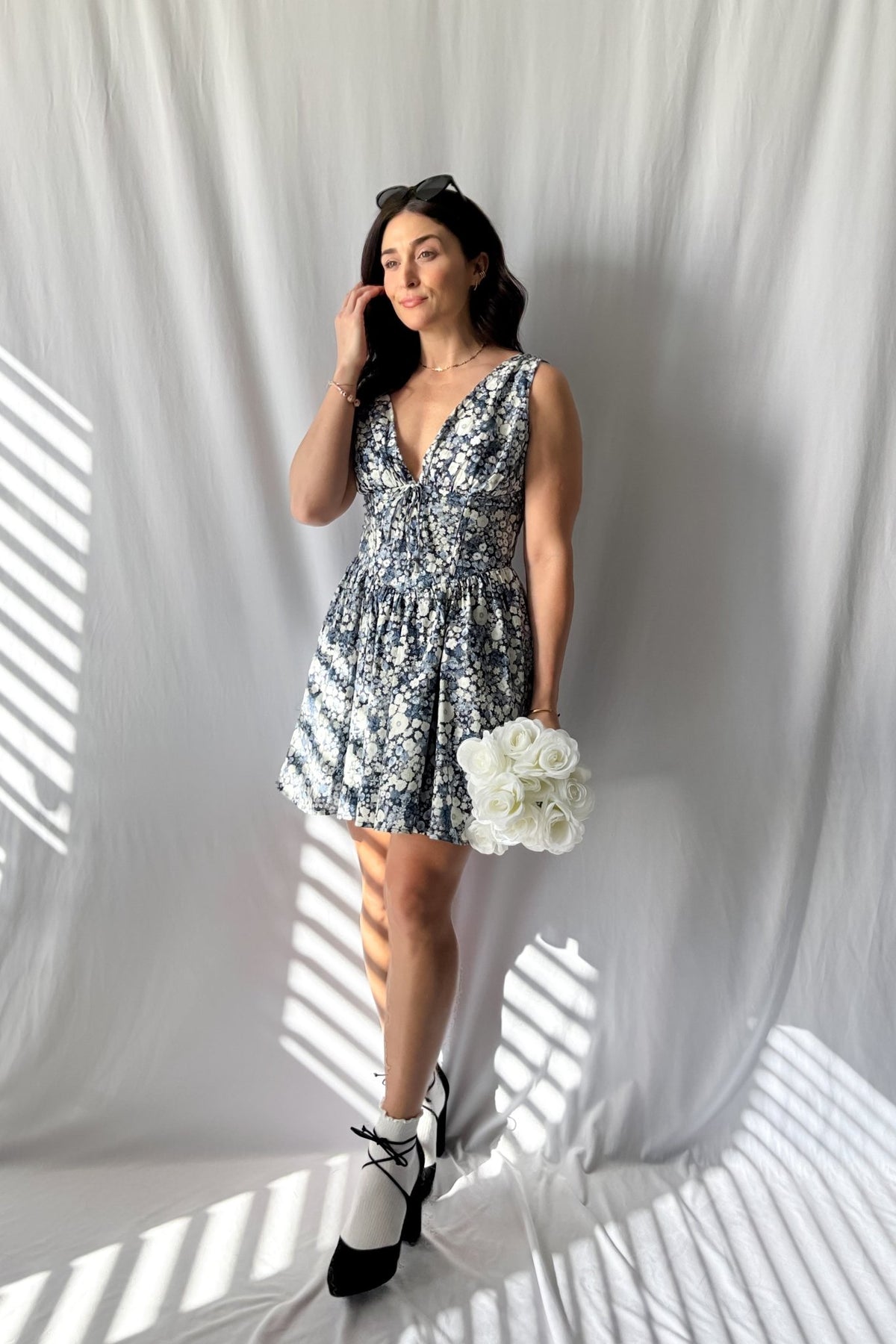 Women&#39;s Floral Corset Fit Flare Mini Dress with Pockets | Blue - Women&#39;s Dresses - Blooming Daily