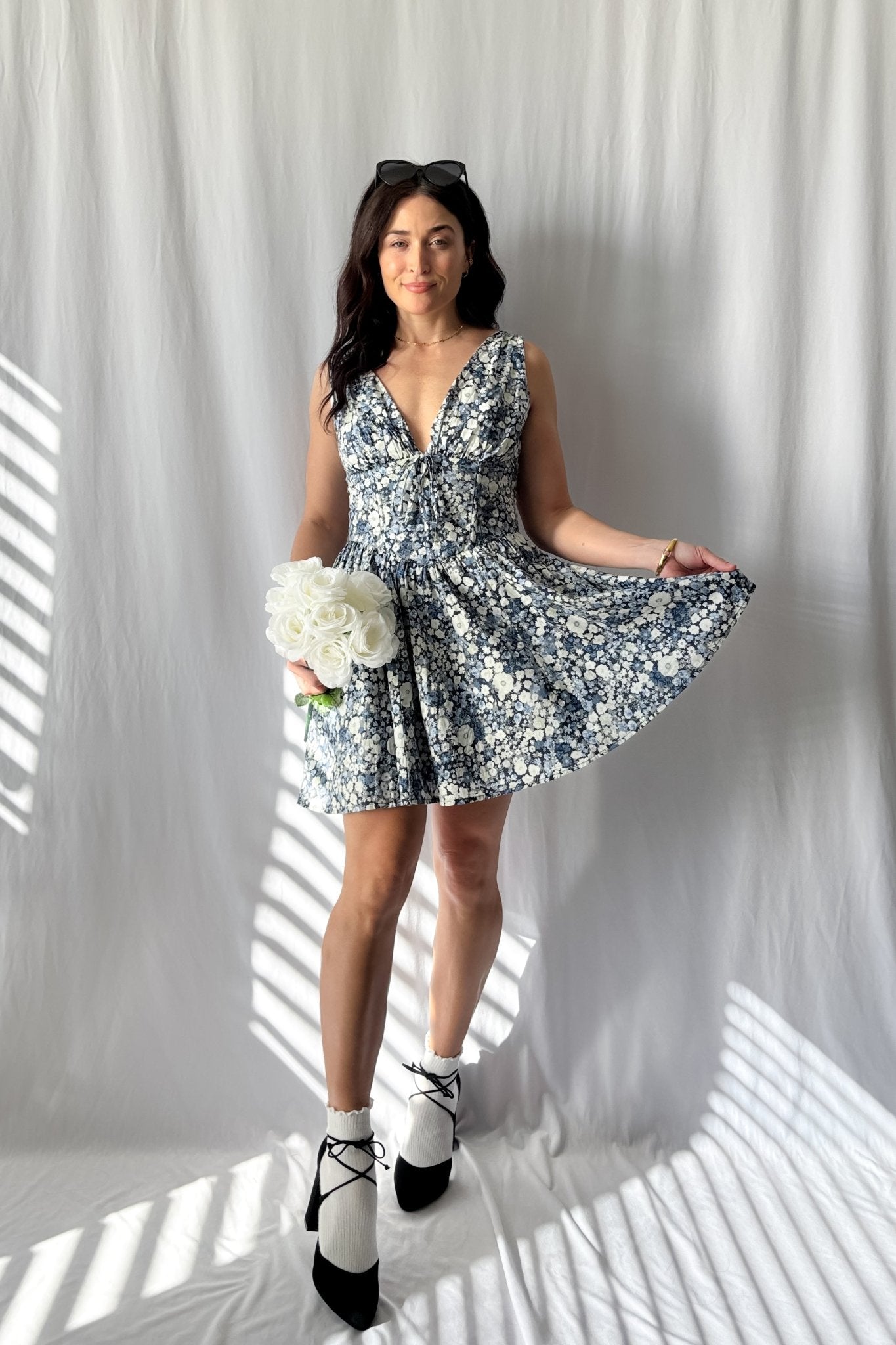 Women's Floral Corset Fit Flare Mini Dress with Pockets | Blue - Blooming Daily Women's Floral Corset Fit Flare Mini Dress with Pockets | Blue - Blooming Daily