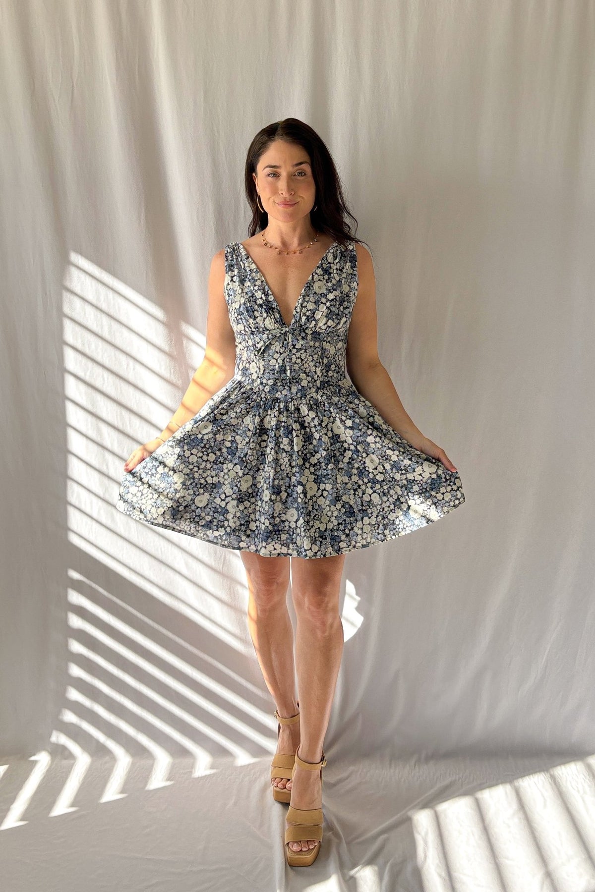 Women&#39;s Floral Corset Fit Flare Mini Dress with Pockets | Blue - Women&#39;s Dresses - Blooming Daily