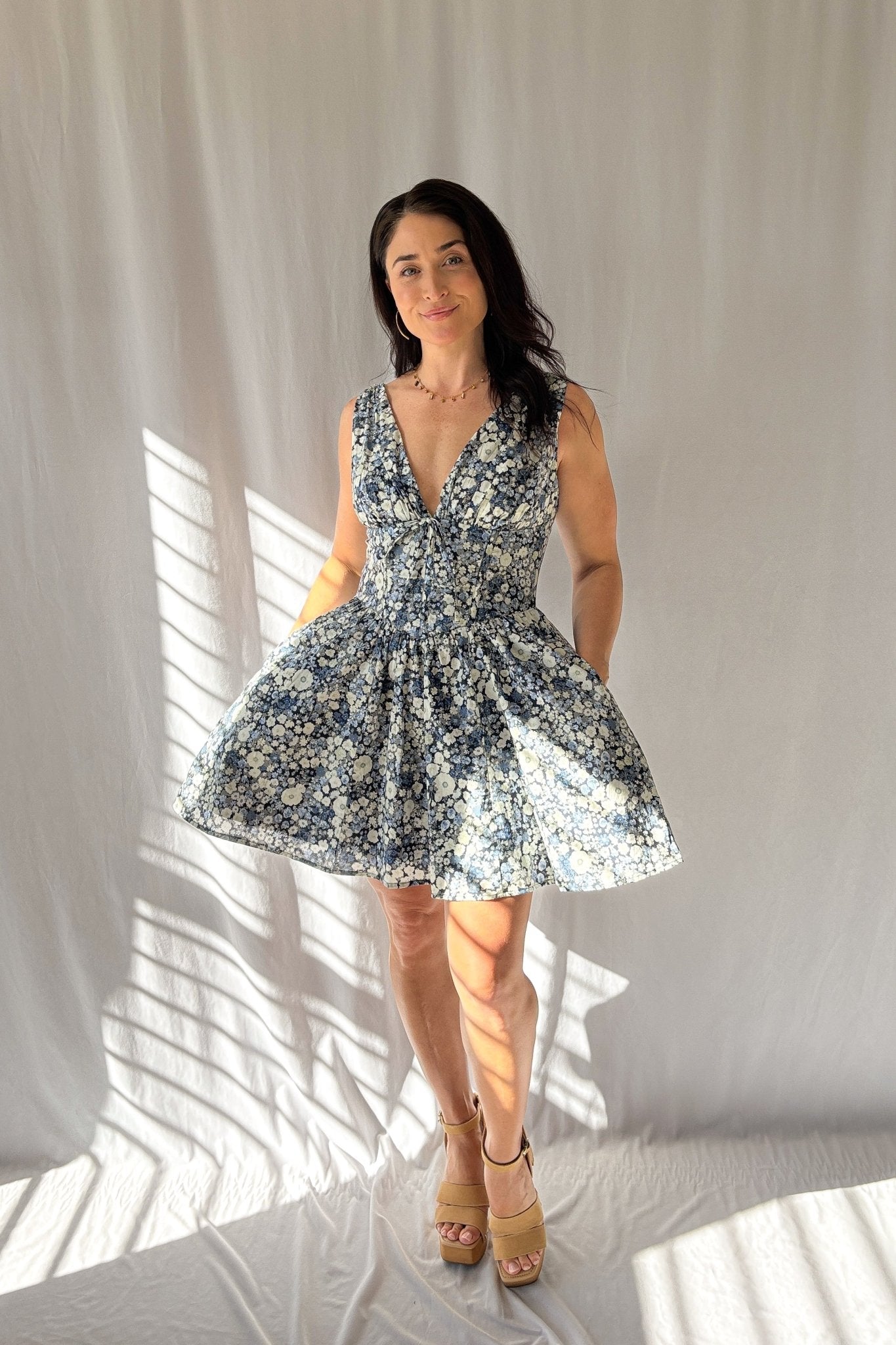 Women's Floral Corset Fit Flare Mini Dress with Pockets | Blue - Blooming Daily Women's Floral Corset Fit Flare Mini Dress with Pockets | Blue - Blooming Daily