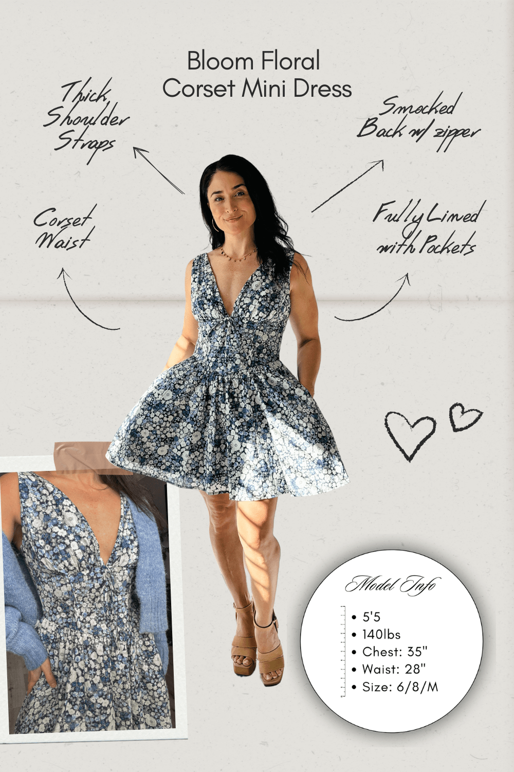 Women&#39;s Floral Corset Fit Flare Mini Dress with Pockets | Blue - Women&#39;s Dresses - Blooming Daily