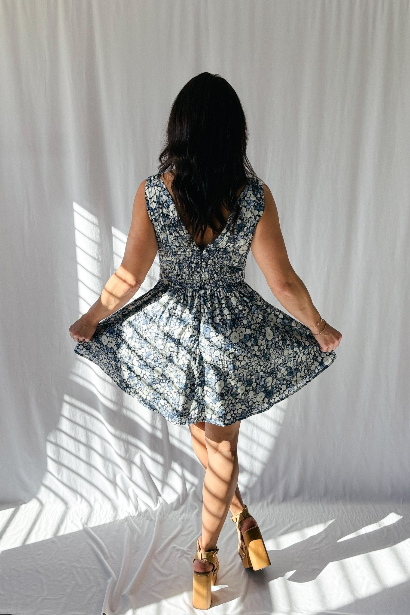 Women's Floral Corset Fit Flare Mini Dress with Pockets | Blue - Blooming Daily Women's Floral Corset Fit Flare Mini Dress with Pockets | Blue - Blooming Daily