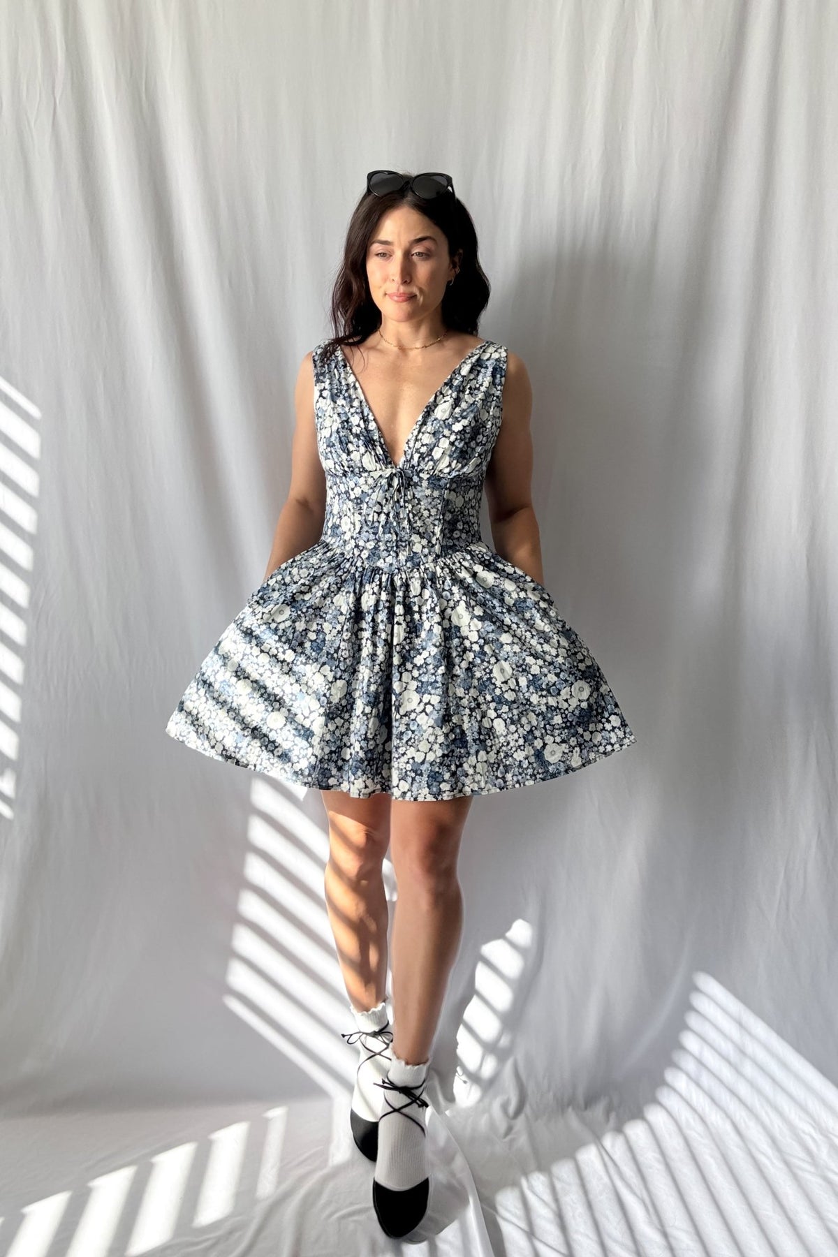 Women&#39;s Floral Corset Fit Flare Mini Dress with Pockets | Blue - Women&#39;s Dresses - Blooming Daily