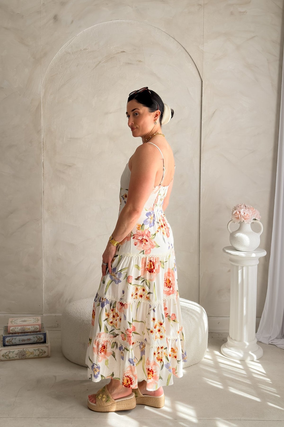 Women's Floral Midi Dress Linen Blend - Tiered Summer Dress - Women's Dresses - Blooming Daily