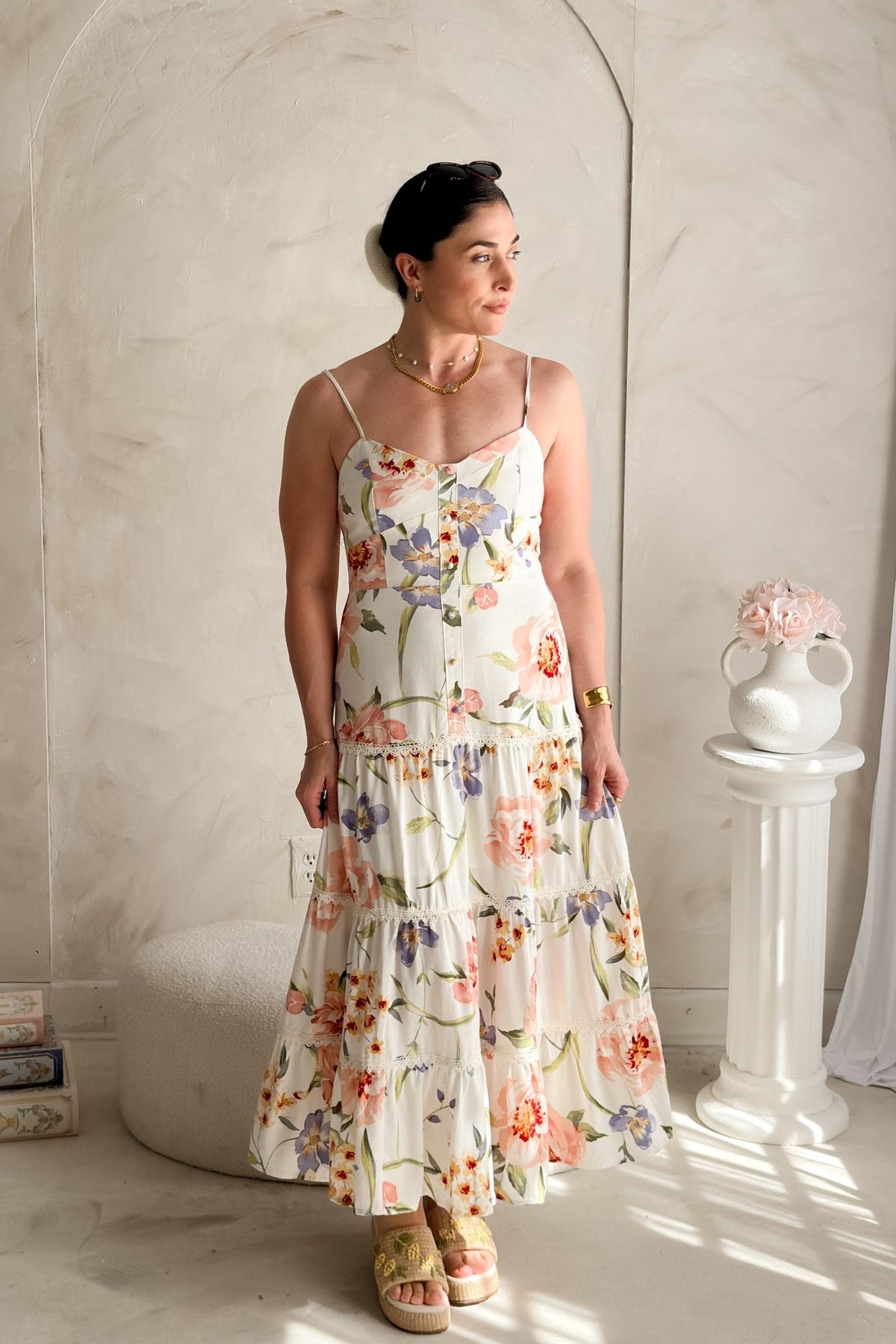 Women's Floral Midi Dress Linen Blend - Tiered Summer Dress - Women's Dresses - Blooming Daily