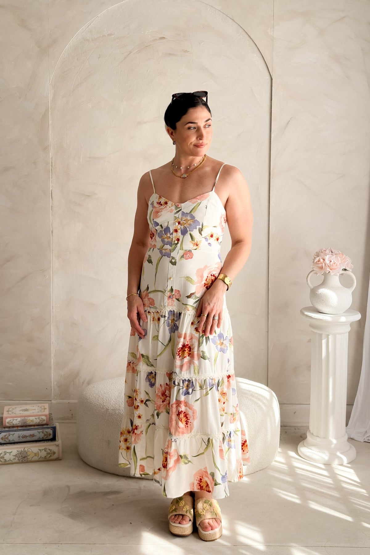 Women's Floral Midi Dress Linen Blend - Tiered Summer Dress - Women's Dresses - Blooming Daily