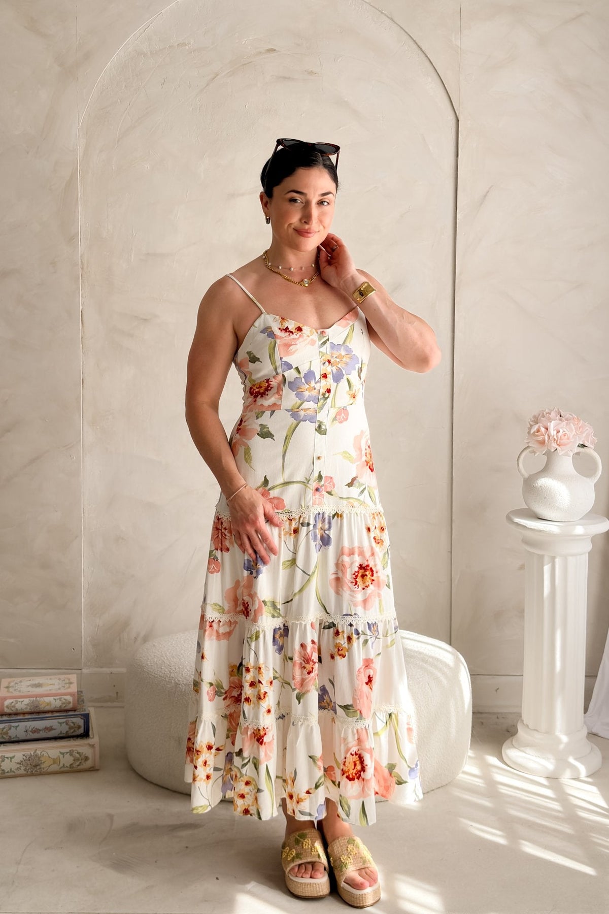 Women's Floral Midi Dress Linen Blend - Tiered Summer Dress - Women's Dresses - Blooming Daily