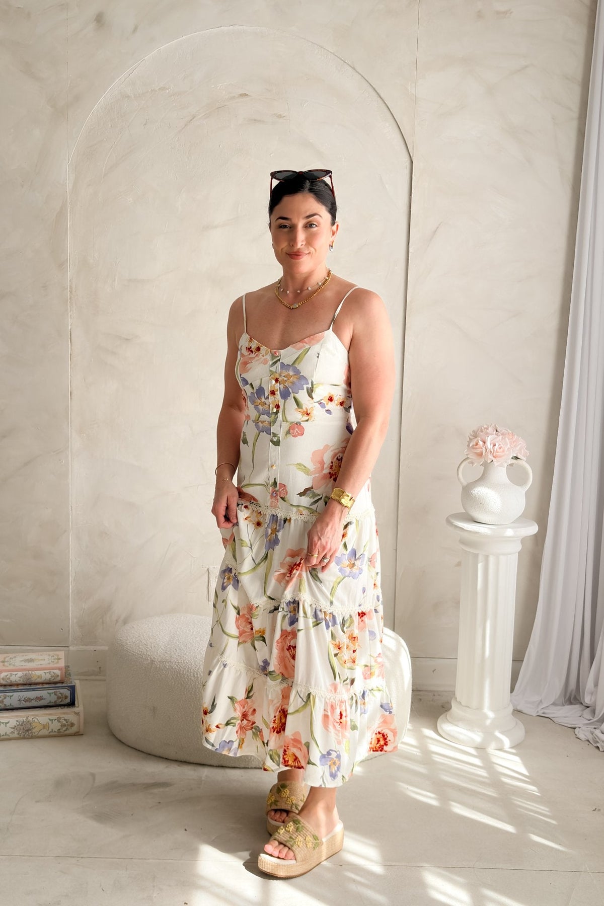 Women's Floral Midi Dress Linen Blend - Tiered Summer Dress - Women's Dresses - Blooming Daily