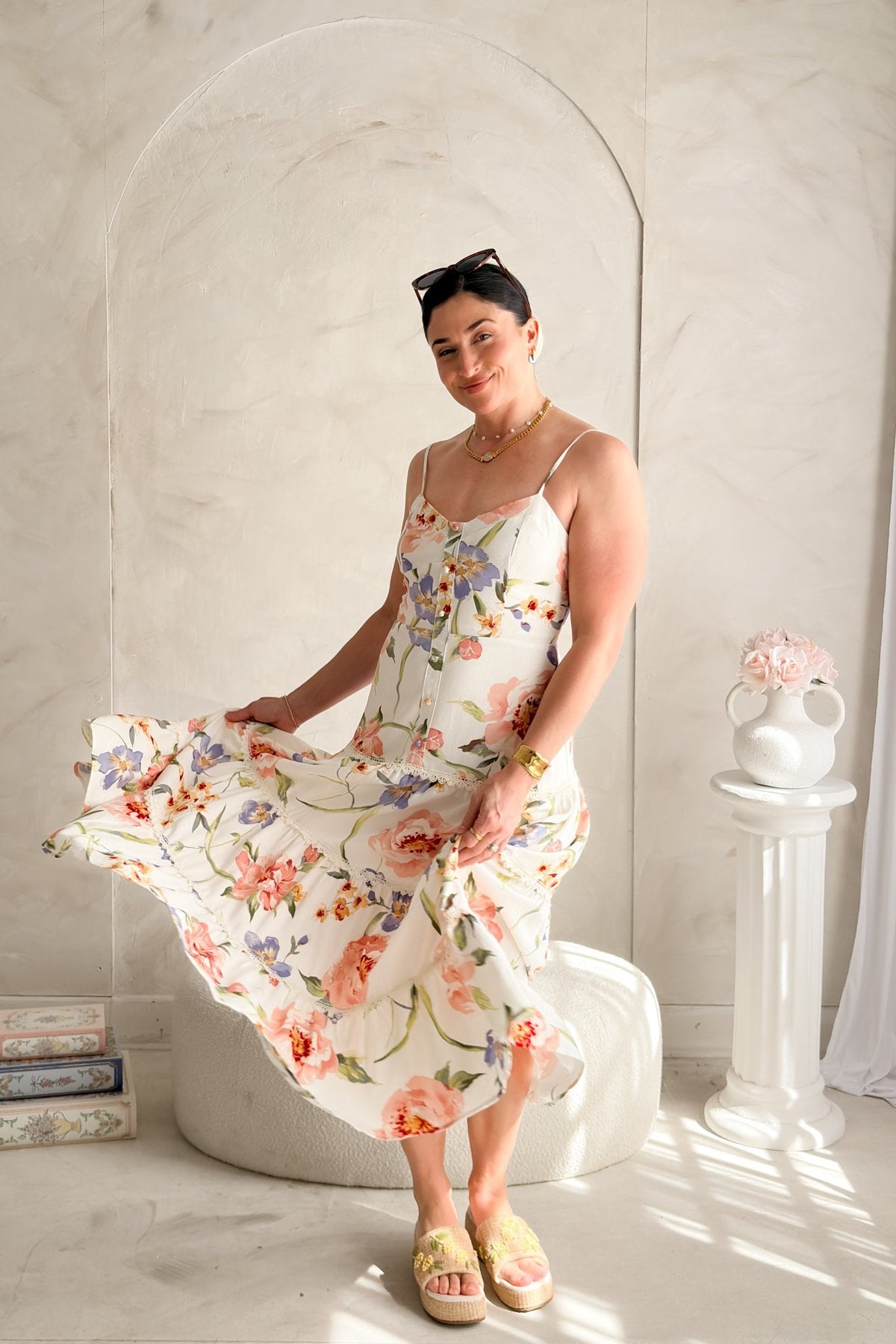 Women's Floral Midi Dress Linen Blend - Tiered Summer Dress - Women's Dresses - Blooming Daily