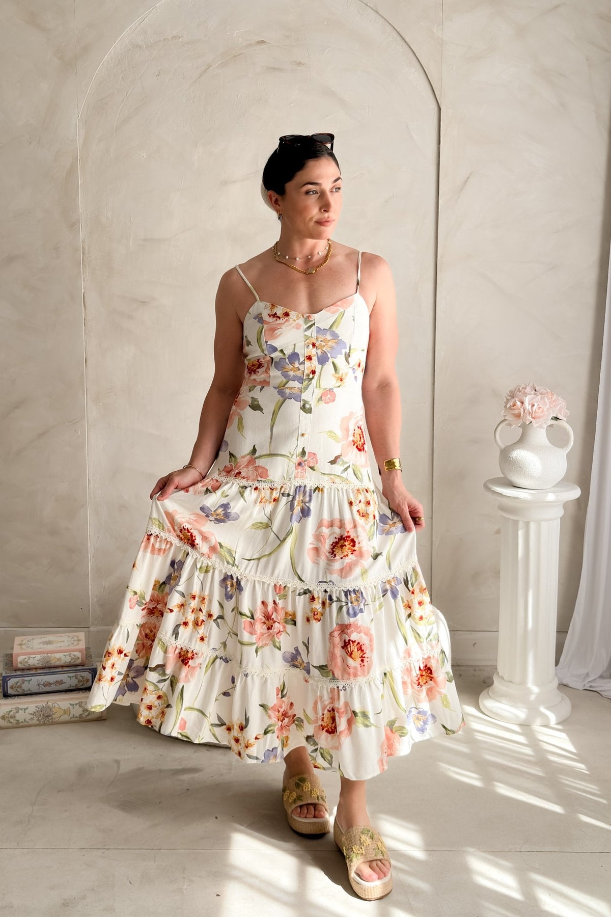 Women's Floral Midi Dress Linen Blend - Tiered Summer Dress - Women's Dresses - Blooming Daily