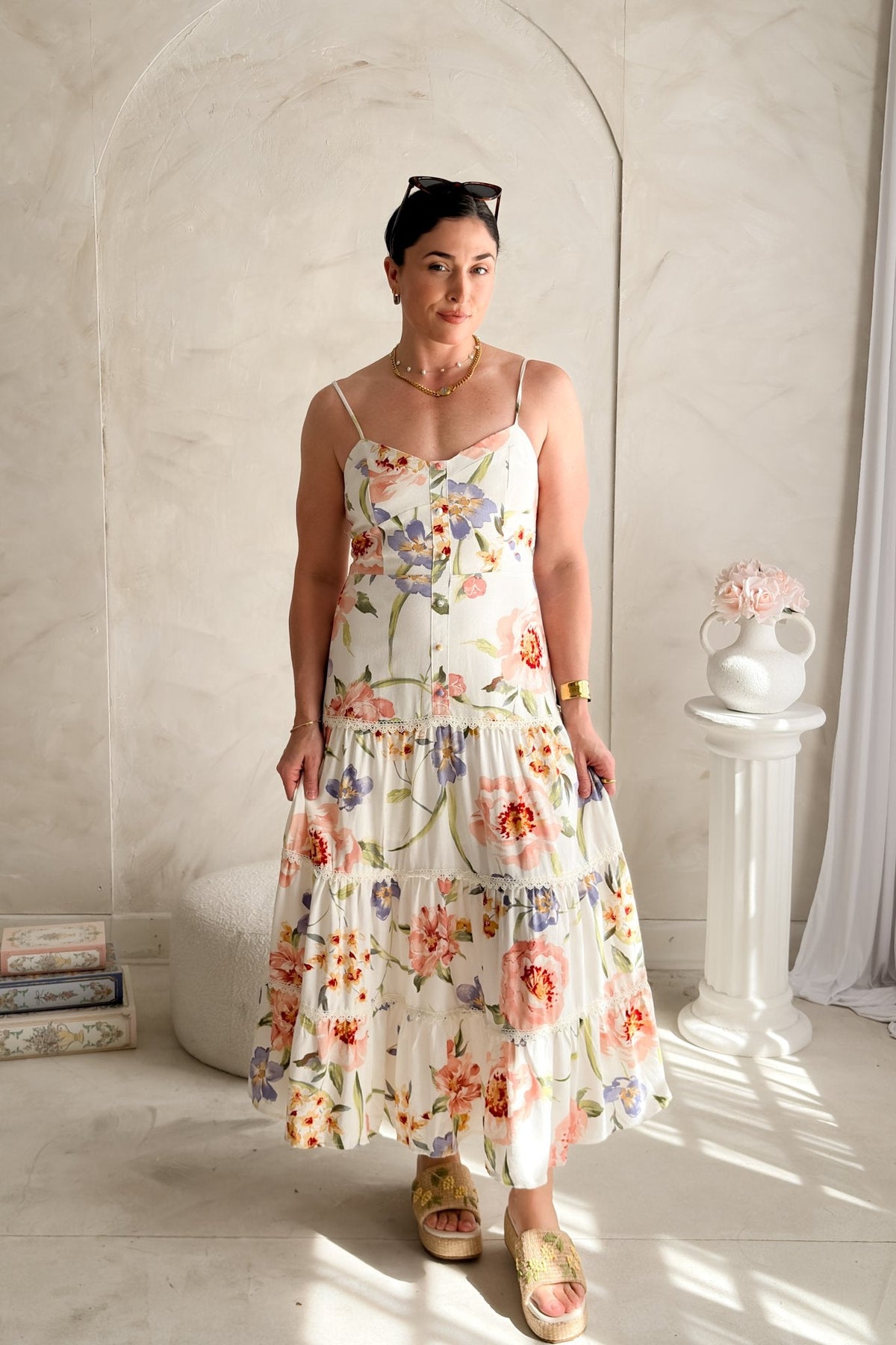 Women's Floral Midi Dress Linen Blend - Tiered Summer Dress - Women's Dresses - Blooming Daily