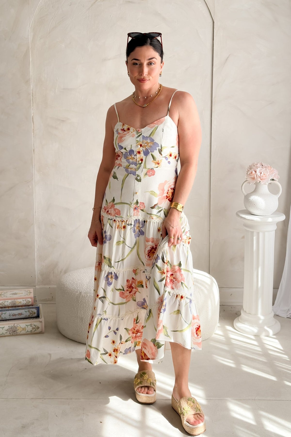 Women's Floral Midi Dress Linen Blend - Tiered Summer Dress - Women's Dresses - Blooming Daily