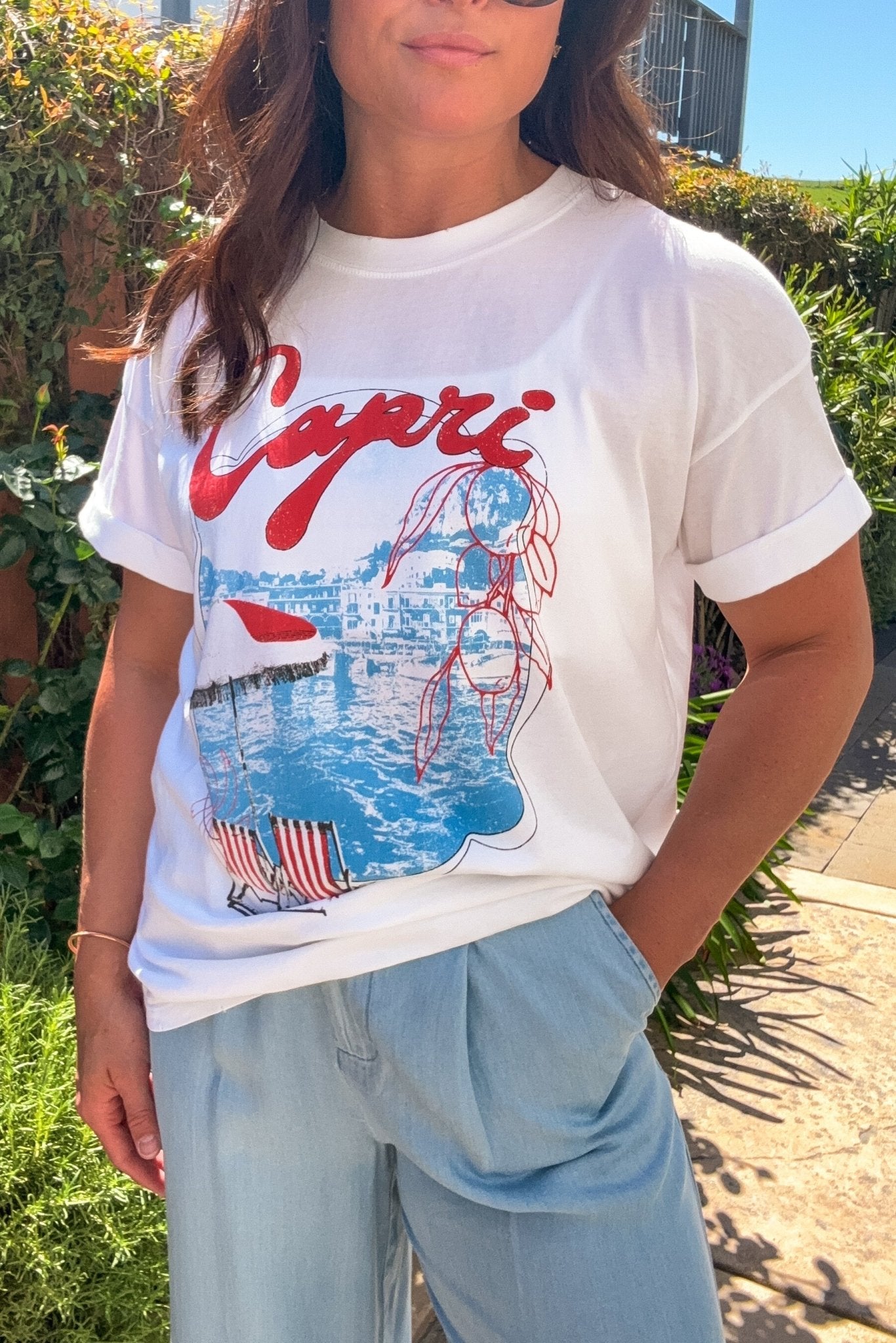 Women's Graphic T-Shirt Top Capri Italy Beach | White - Women's Shirts & Tops - Blooming Daily