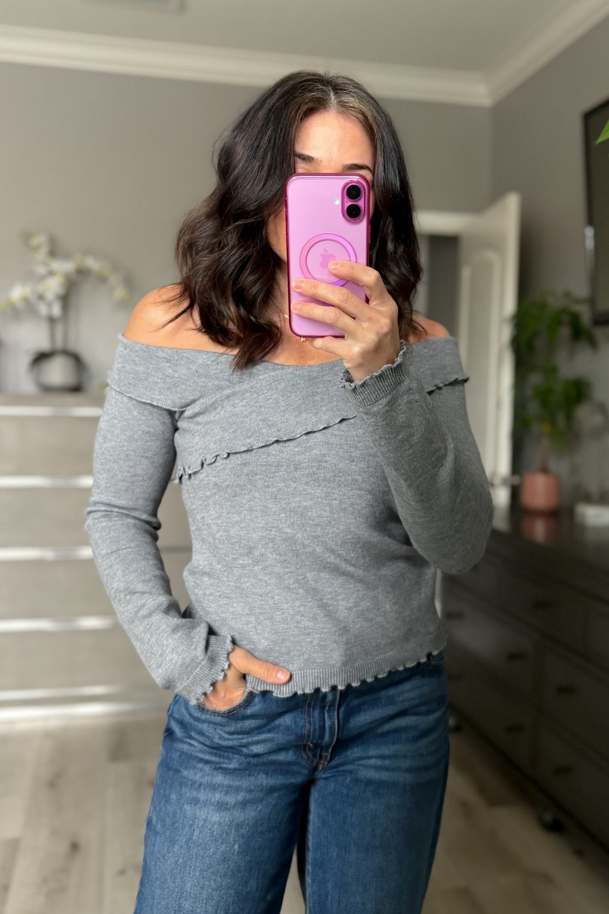 Women’s Gray Off - Shoulder Lettuce Hem Knit Top - Women's Shirts & Tops - Blooming Daily