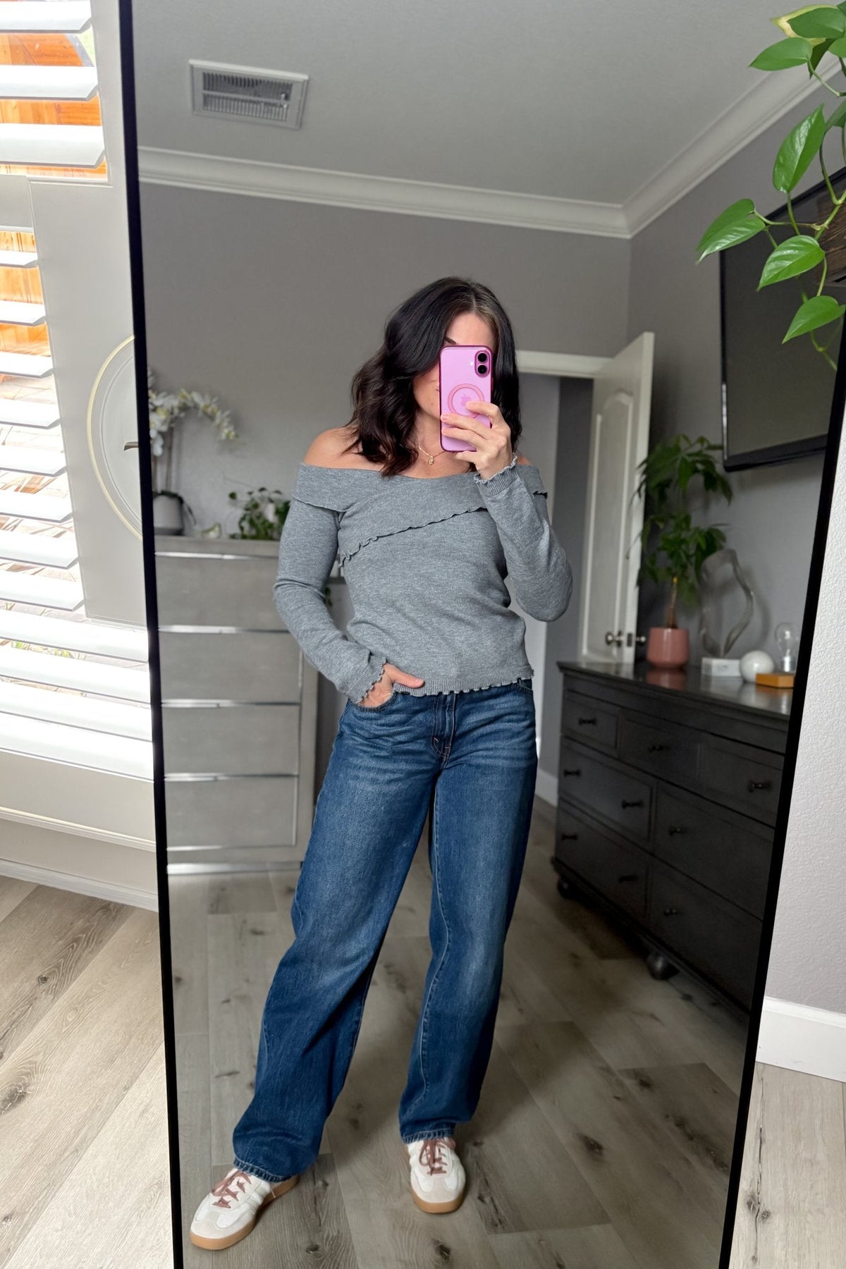 Women’s Gray Off - Shoulder Lettuce Hem Knit Top - Women's Shirts & Tops - Blooming Daily