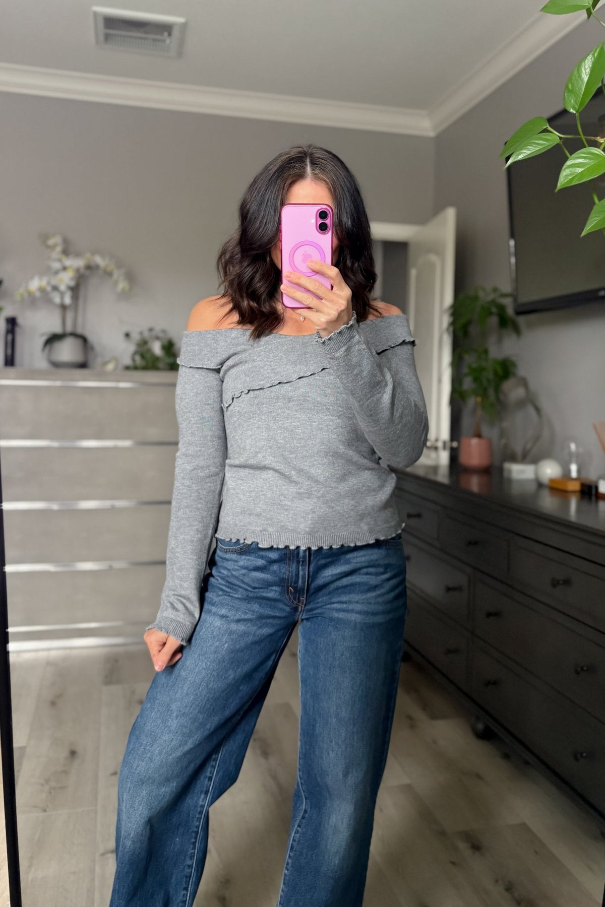 Women’s Gray Off - Shoulder Lettuce Hem Knit Top - Women's Shirts & Tops - Blooming Daily