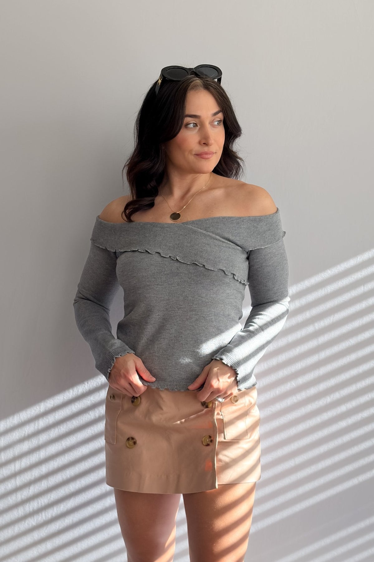 Women’s Gray Off - Shoulder Lettuce Hem Knit Top - Women's Shirts & Tops - Blooming Daily