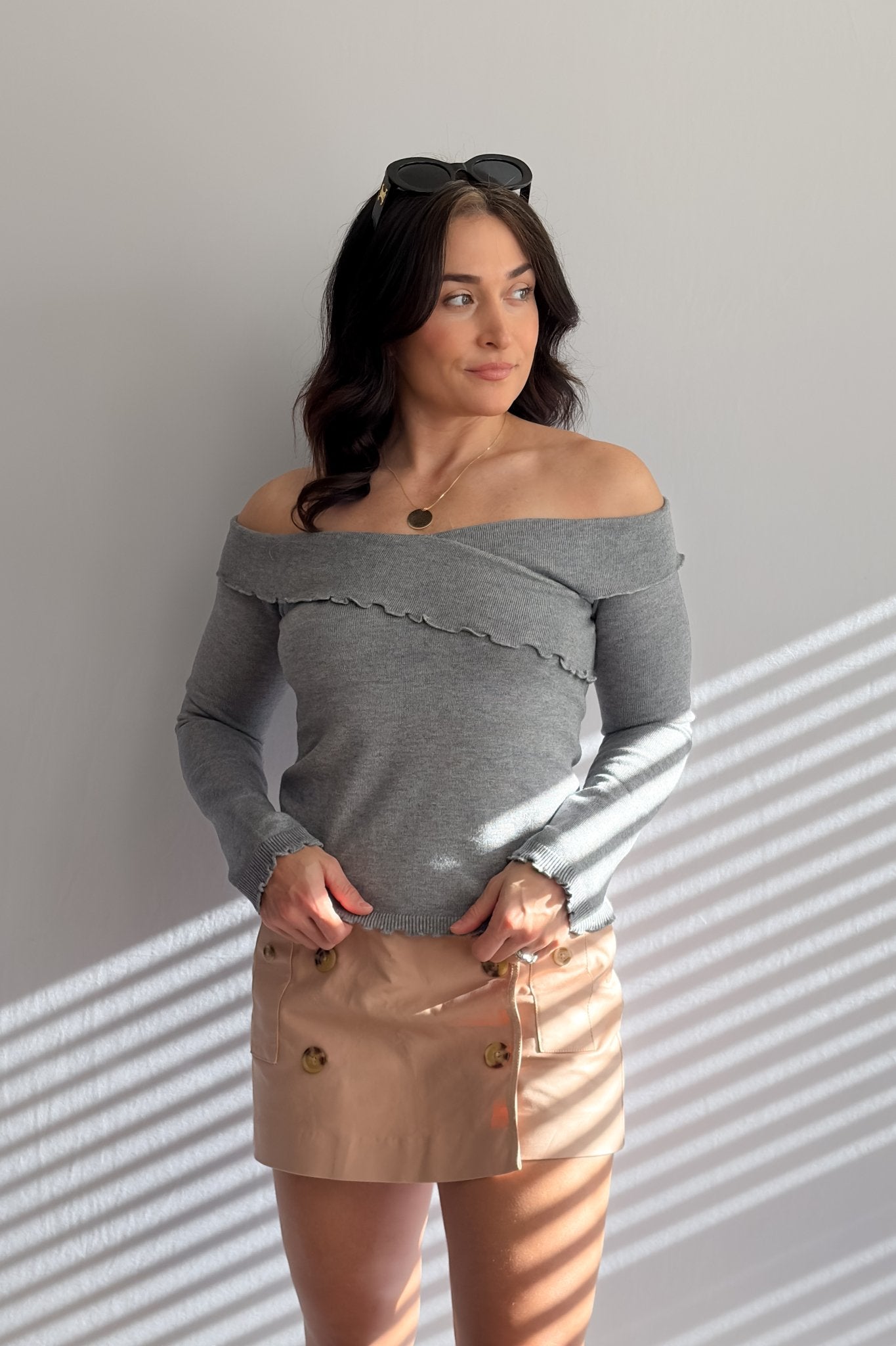 Women’s Gray Off - Shoulder Lettuce Hem Knit Top - Women's Shirts & Tops - Blooming Daily