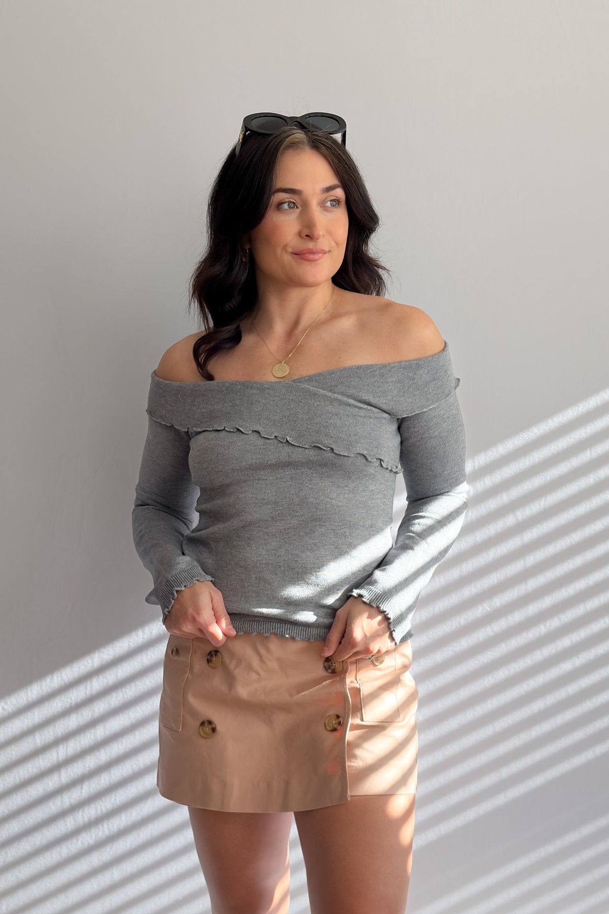 Women’s Gray Off - Shoulder Lettuce Hem Knit Top - Women's Shirts & Tops - Blooming Daily