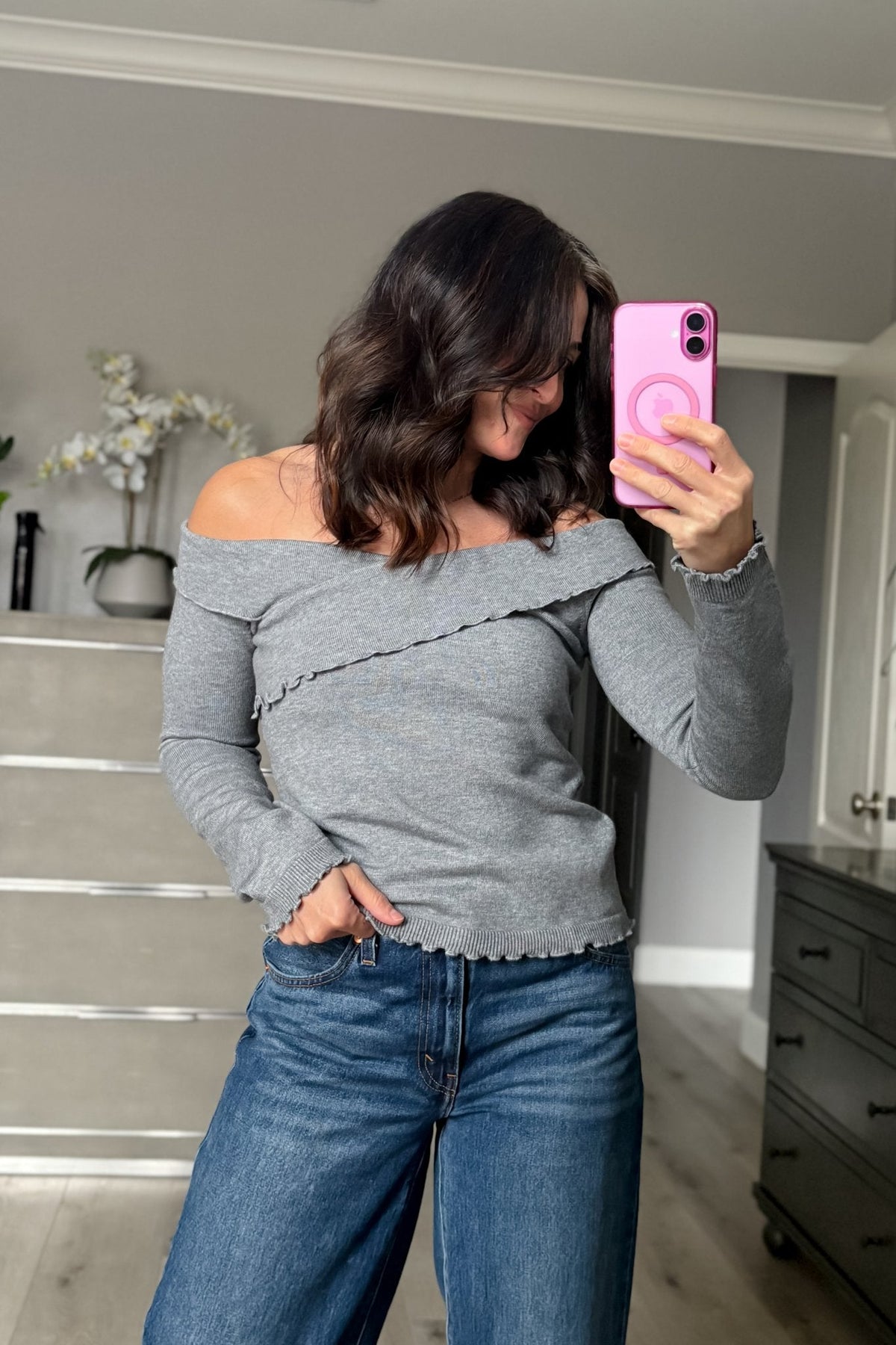 Women’s Gray Off - Shoulder Lettuce Hem Knit Top - Women's Shirts & Tops - Blooming Daily