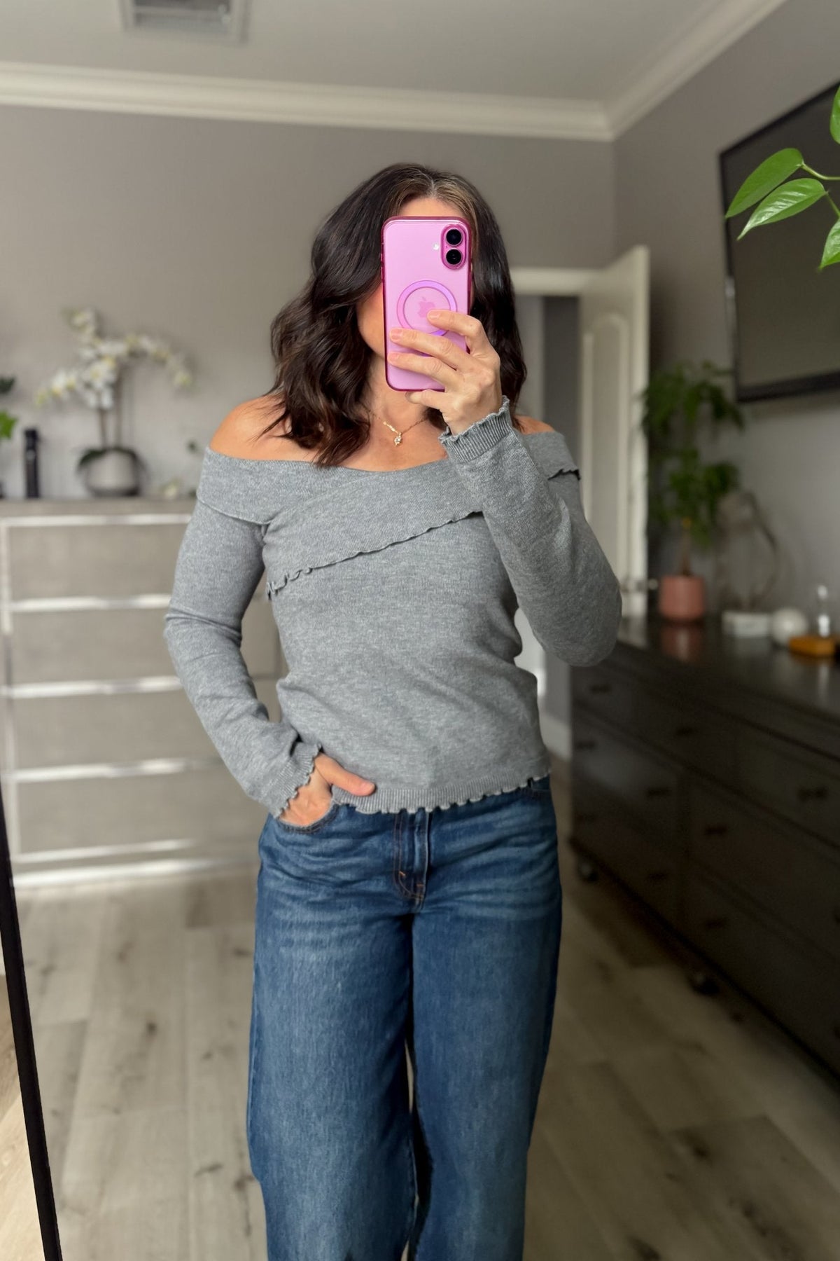 Women’s Gray Off - Shoulder Lettuce Hem Knit Top - Women's Shirts & Tops - Blooming Daily