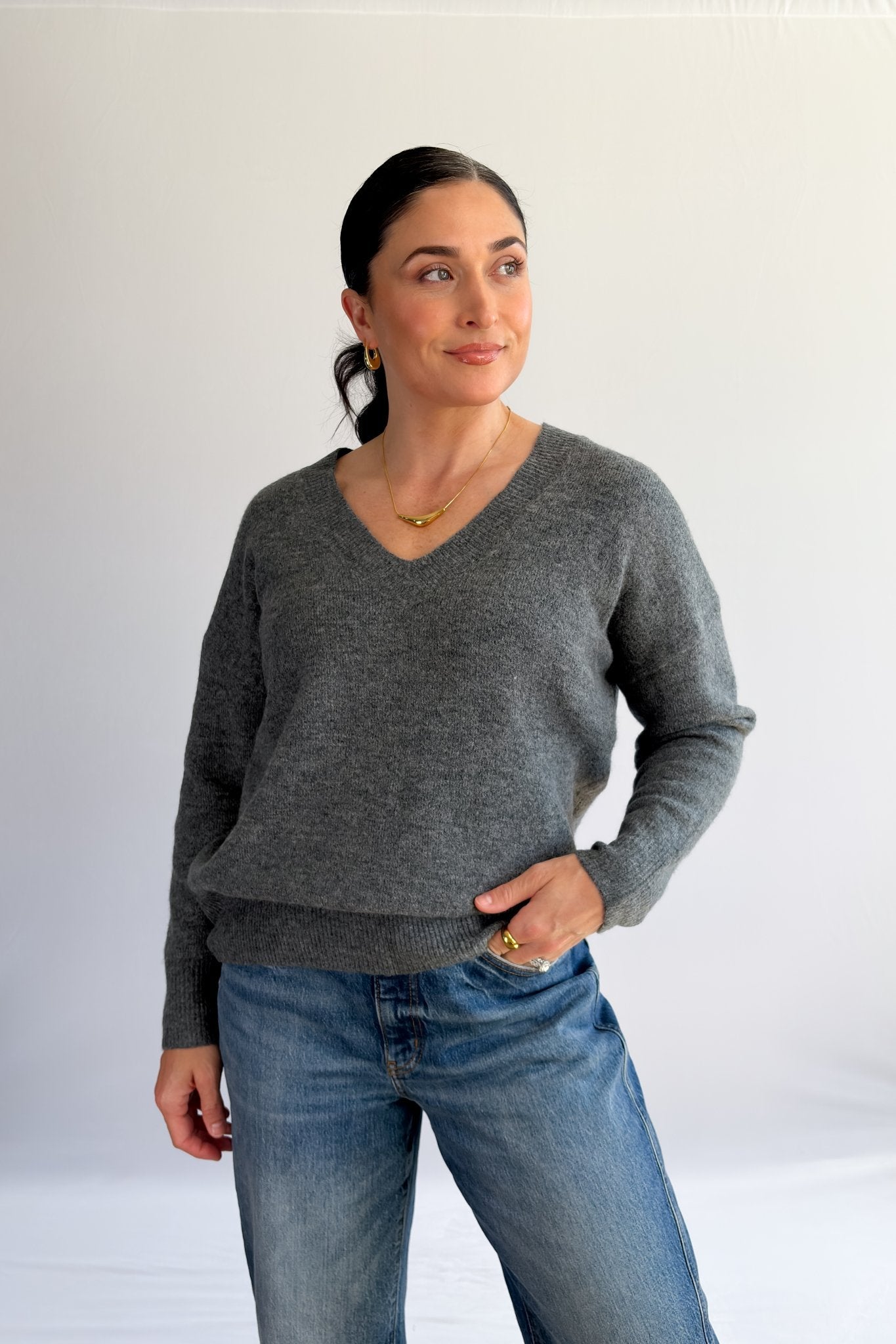 Women’s Grey V - Neck Sweater – Soft Knit Lightweight Pullover - Women's Shirts & Tops - Blooming Daily