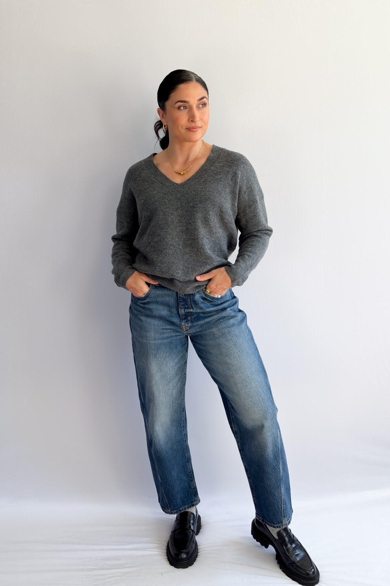 Women’s Grey V - Neck Sweater – Soft Knit Lightweight Pullover - Women's Shirts & Tops - Blooming Daily
