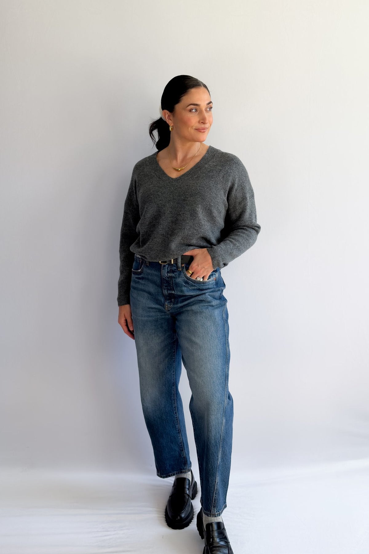 Women’s Grey V - Neck Sweater – Soft Knit Lightweight Pullover - Women&#39;s Shirts &amp; Tops - Blooming Daily