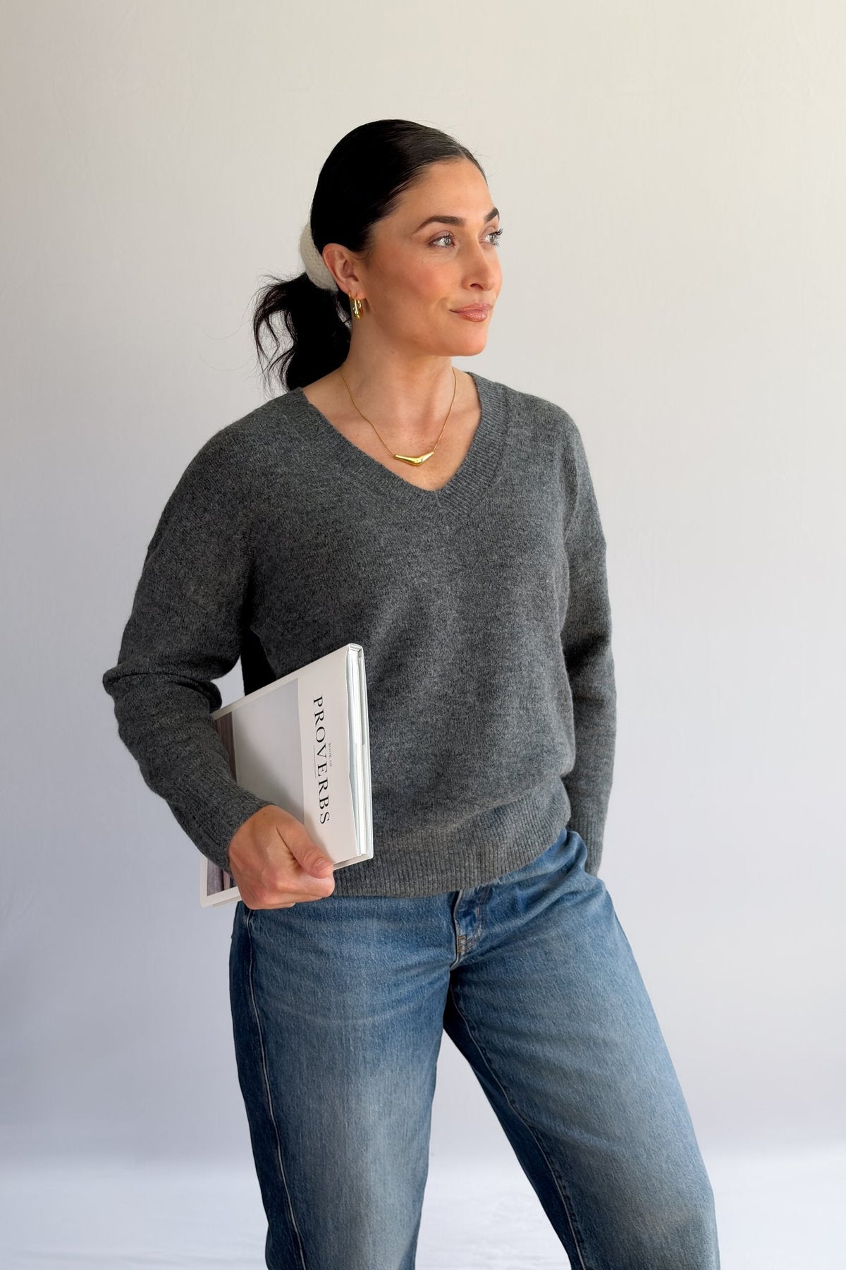 Women’s Grey V - Neck Sweater – Soft Knit Lightweight Pullover - Women&#39;s Shirts &amp; Tops - Blooming Daily