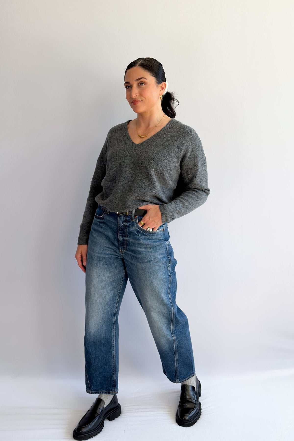 Women’s Grey V - Neck Sweater – Soft Knit Lightweight Pullover - Women&#39;s Shirts &amp; Tops - Blooming Daily