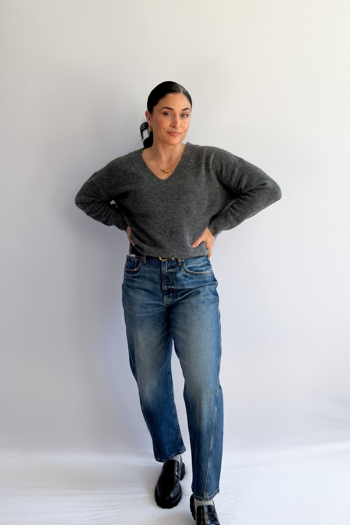 Women’s Grey V - Neck Sweater – Soft Knit Lightweight Pullover - Women&#39;s Shirts &amp; Tops - Blooming Daily