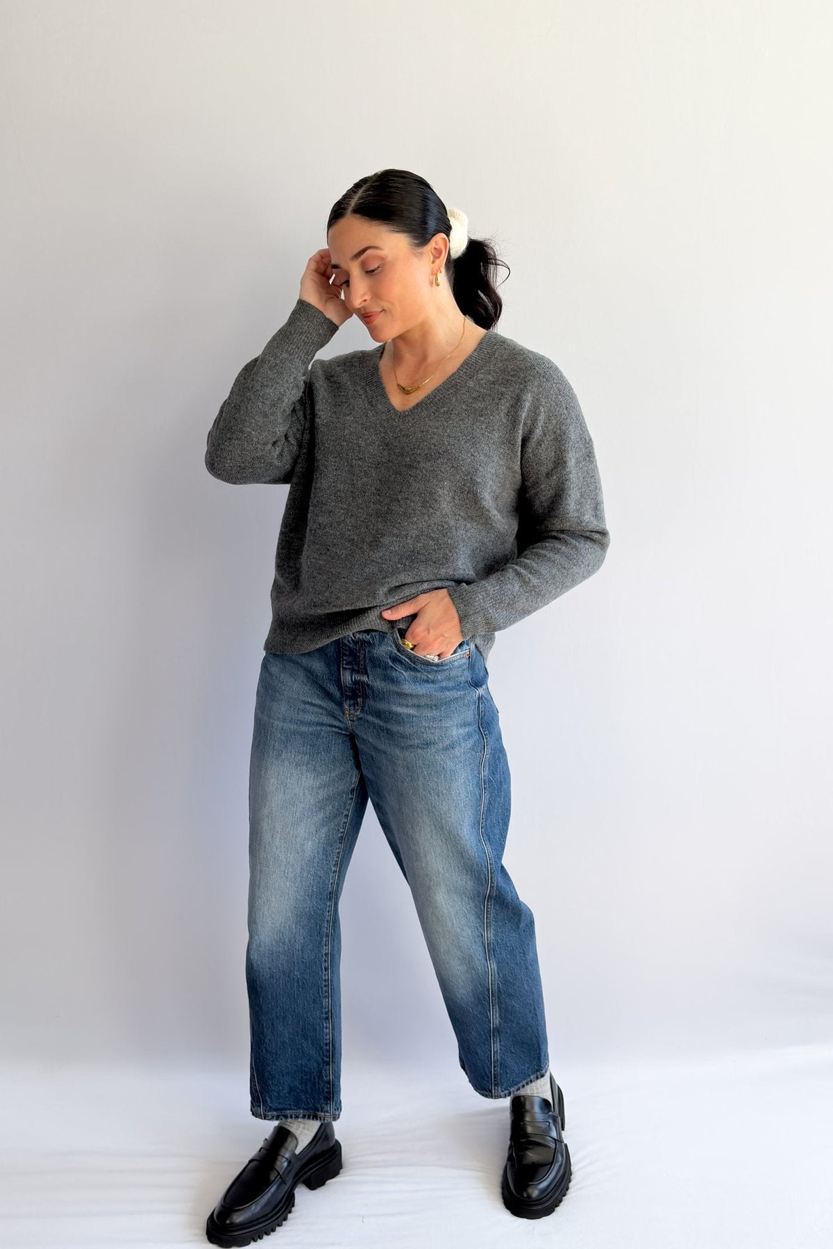 Women’s Grey V - Neck Sweater – Soft Knit Lightweight Pullover - Women&#39;s Shirts &amp; Tops - Blooming Daily