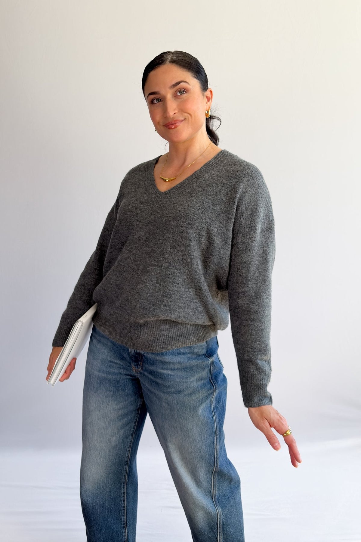 Women’s Grey V - Neck Sweater – Soft Knit Lightweight Pullover - Women&#39;s Shirts &amp; Tops - Blooming Daily