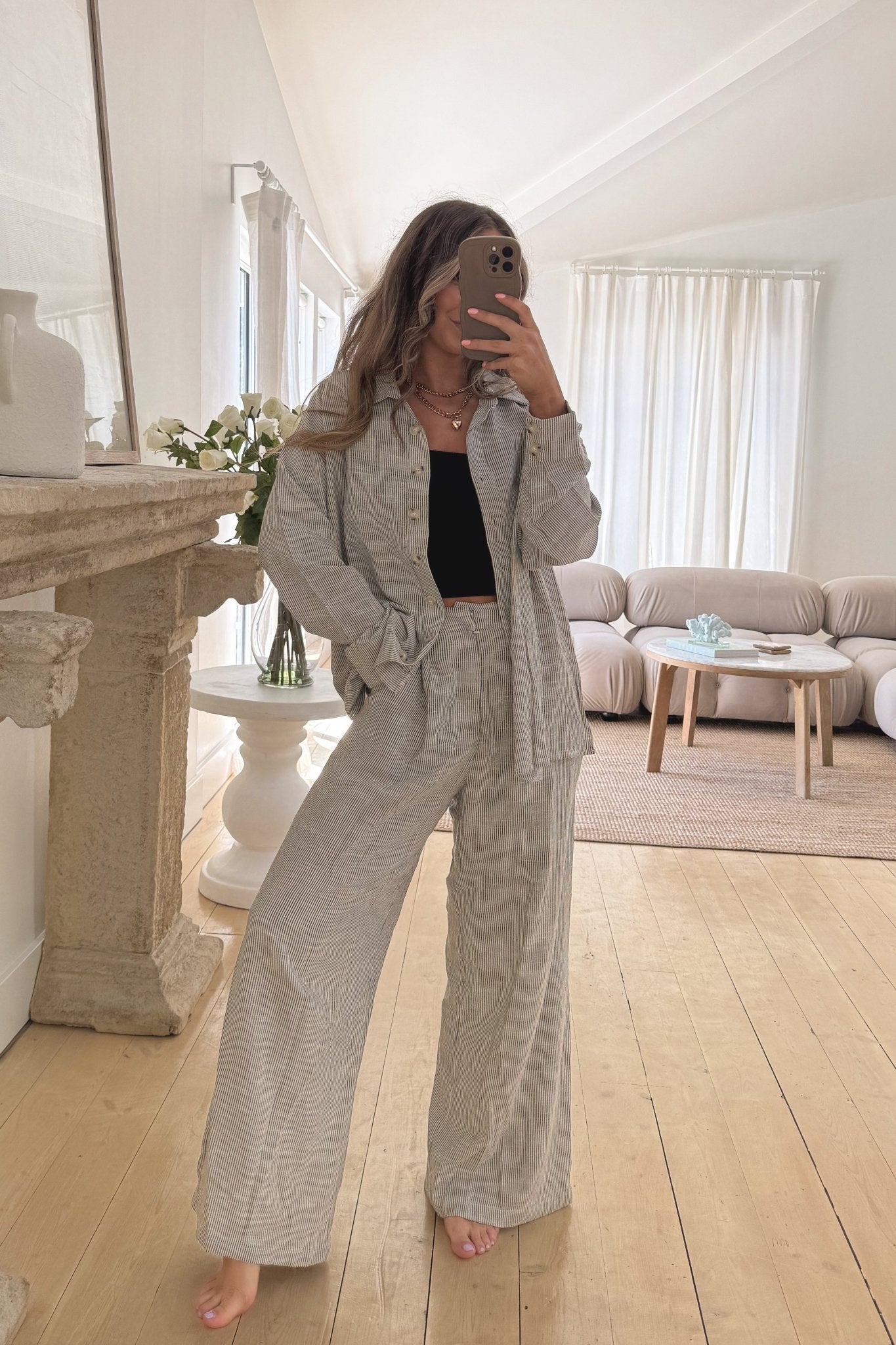 Women's Hamptons Striped Long Sleeve Button Down | Black Multi - Women's Shirts & Tops - Blooming Daily