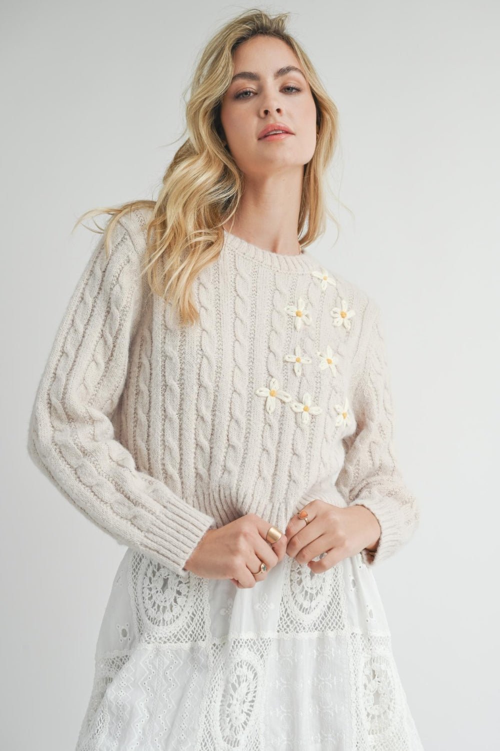 Women's Hand Embroidered Daisy Cable Knit Sweater Top | Natural Ivory - Women's Shirts & Tops - Blooming Daily