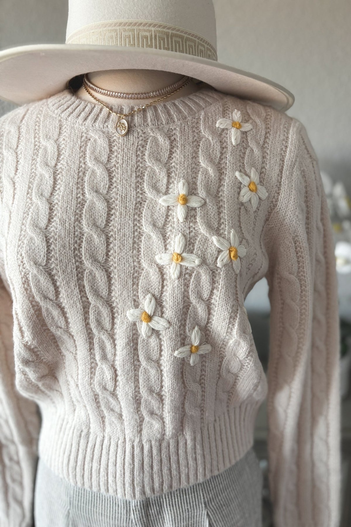 Women&#39;s Hand Embroidered Daisy Cable Knit Sweater Top | Natural Ivory - Women&#39;s Shirts &amp; Tops - Blooming Daily