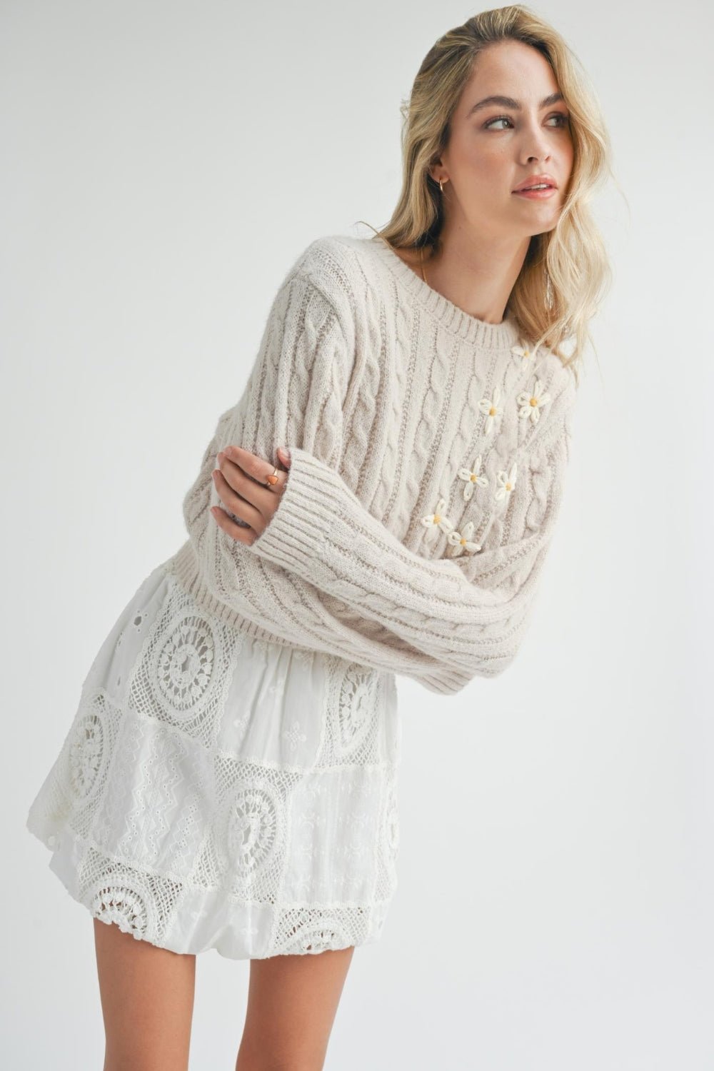 Women&#39;s Hand Embroidered Daisy Cable Knit Sweater Top | Natural Ivory - Women&#39;s Shirts &amp; Tops - Blooming Daily