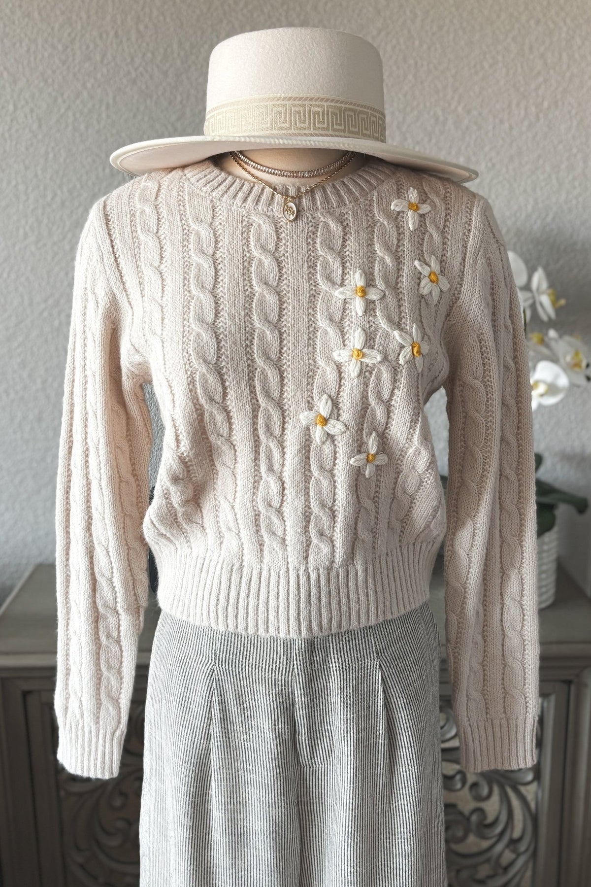 Women&#39;s Hand Embroidered Daisy Cable Knit Sweater Top | Natural Ivory - Women&#39;s Shirts &amp; Tops - Blooming Daily