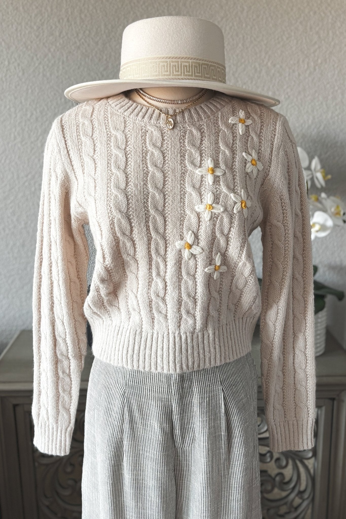 Women's Hand Embroidered Daisy Cable Knit Sweater Top | Natural Ivory - Women's Shirts & Tops - Blooming Daily