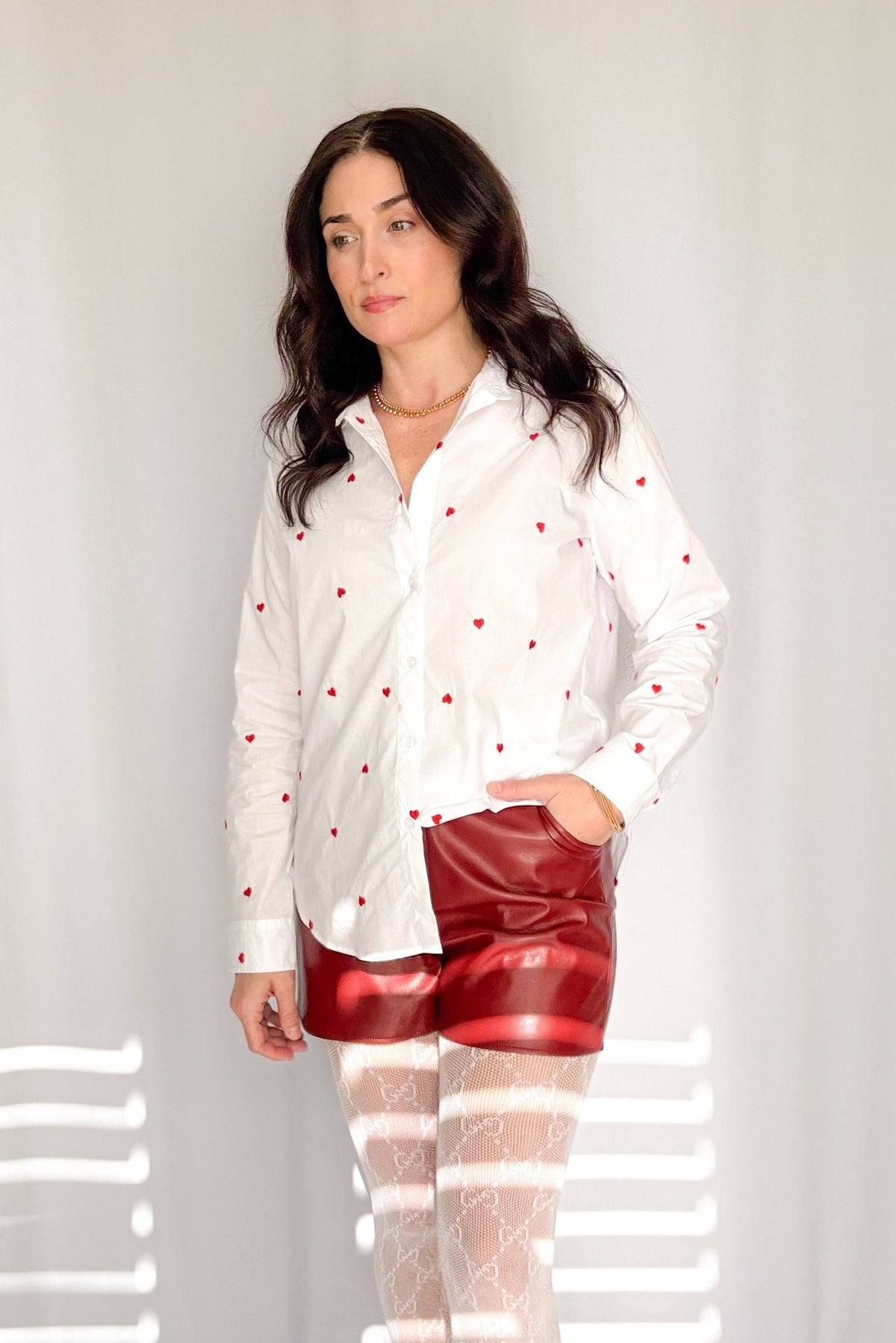 Women&#39;s Heart Embroidered Button Down Long Sleeve Top | White - Women&#39;s Shirts &amp; Tops - Blooming Daily