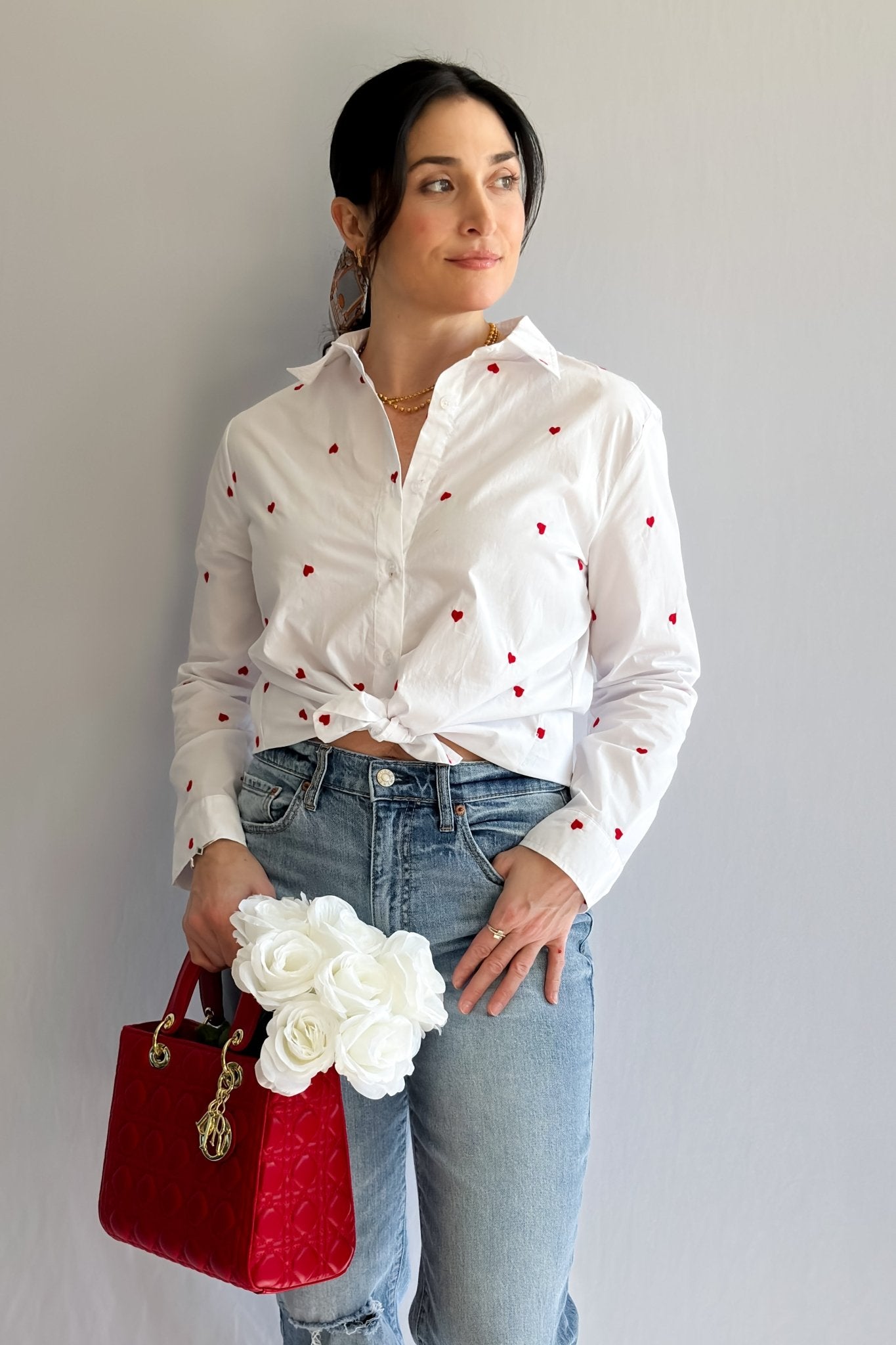 Women's Heart Embroidered Button Down Long Sleeve Top | White - Women's Shirts & Tops - Blooming Daily