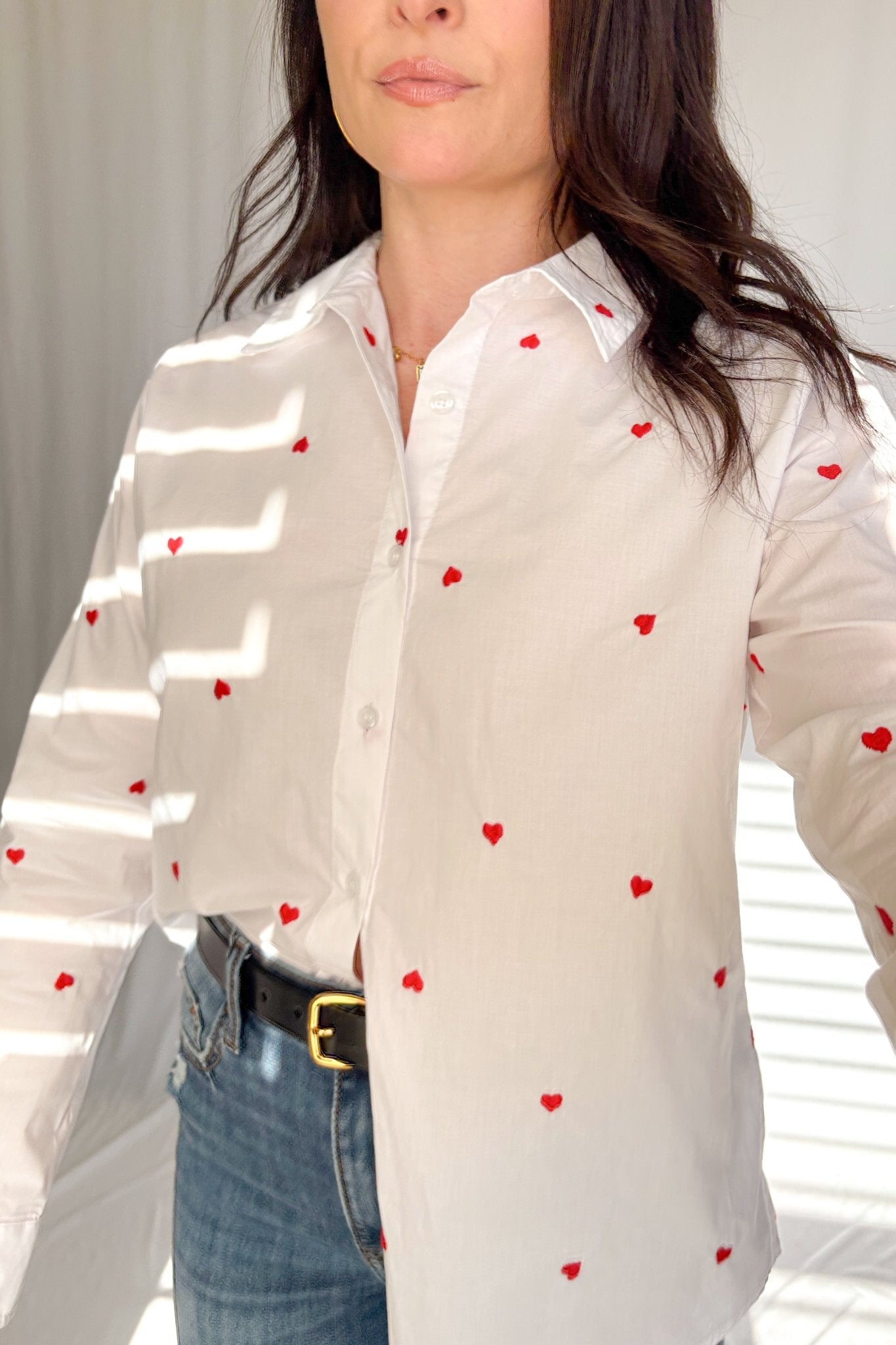 Women's Heart Embroidered Button Down Long Sleeve Top | White - Women's Shirts & Tops - Blooming Daily