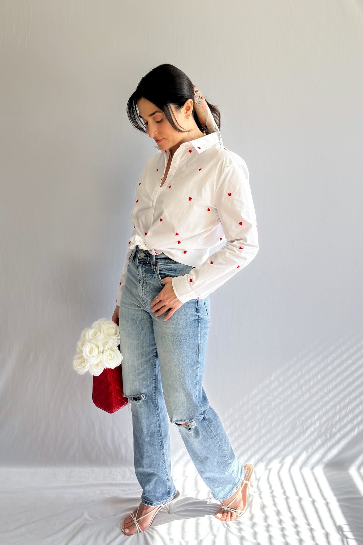 Women&#39;s Heart Embroidered Button Down Long Sleeve Top | White - Women&#39;s Shirts &amp; Tops - Blooming Daily