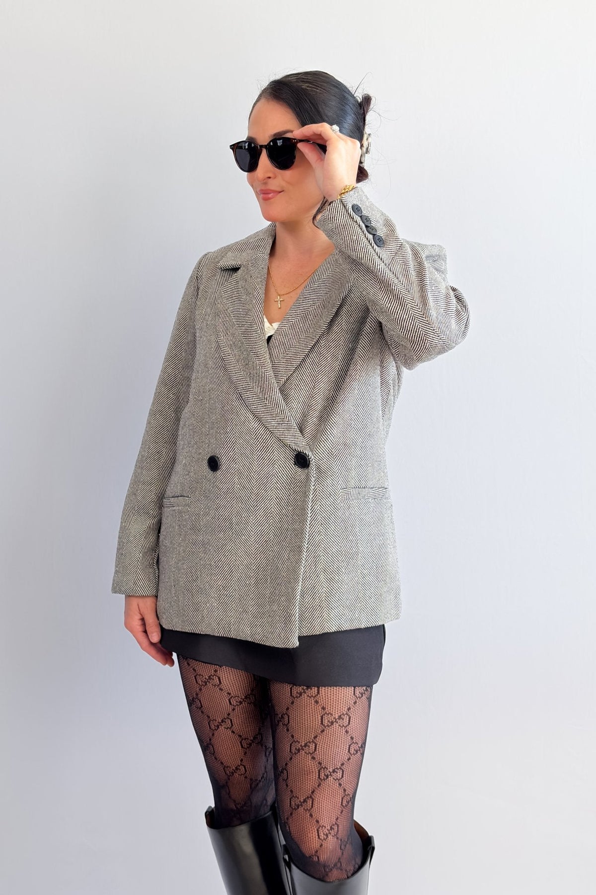 Women’s Herringbone Double - Breasted Blazer – Black - Blazers & Suit Jackets - Blooming Daily